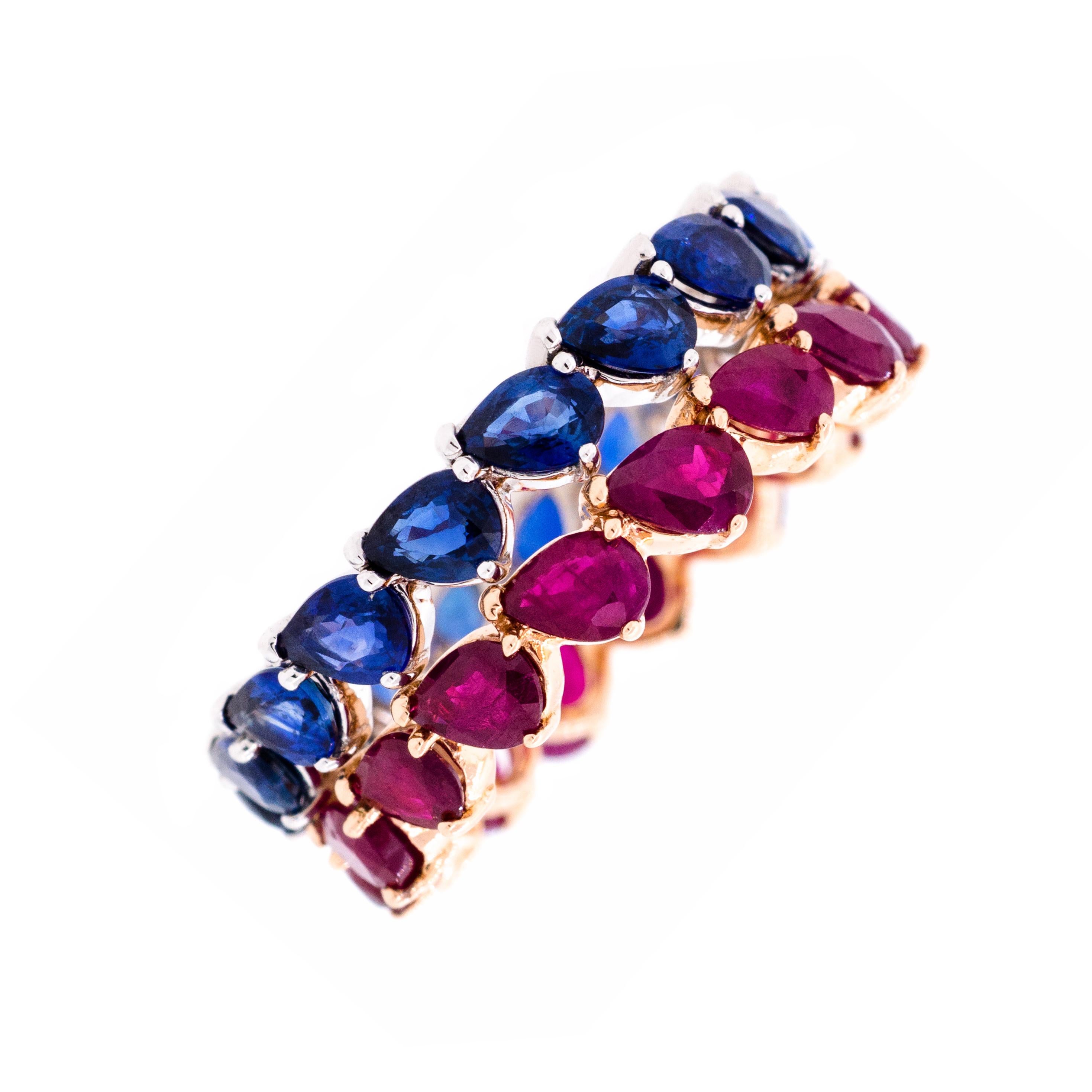 Contemporary 18 Karat Rose Gold and 2.63 Carat Ruby Pear Eternity Stack by Alessa Jewelry For Sale