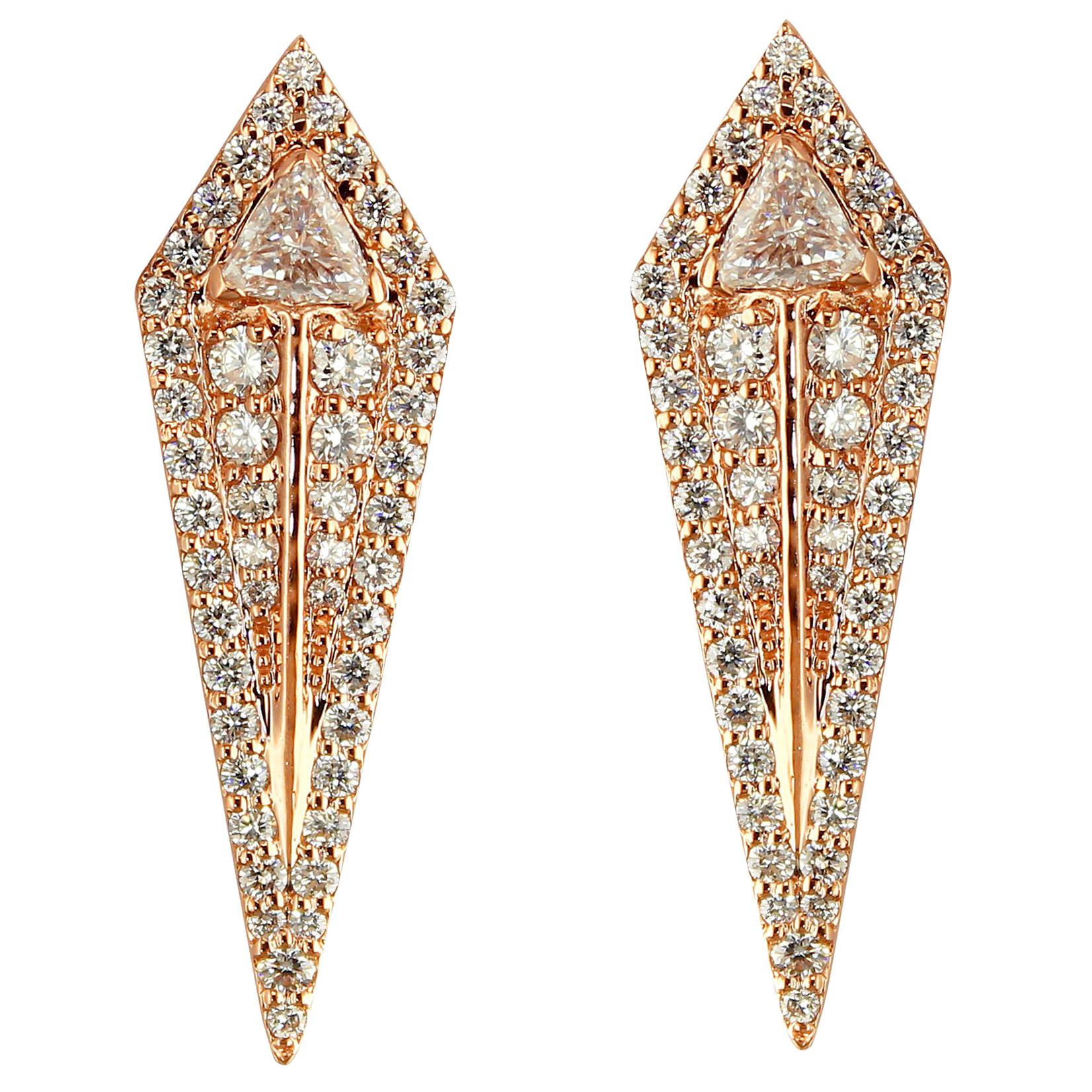 18 Karat Rose Gold and 2.72 Carat Colorless Diamond Arrow Studs Earrings For Sale