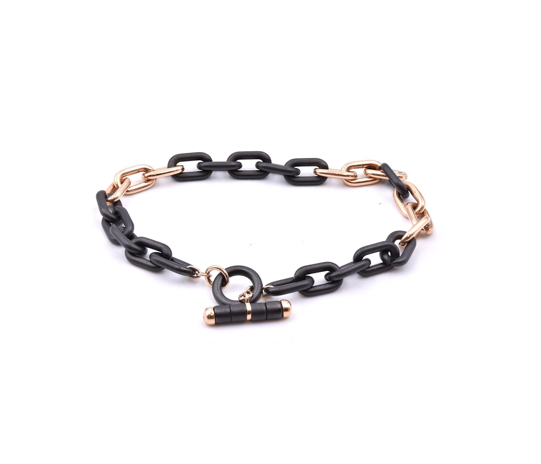 18 Karat Rose Gold and Black Ceramic Oval Link Bracelet In Excellent Condition For Sale In Scottsdale, AZ