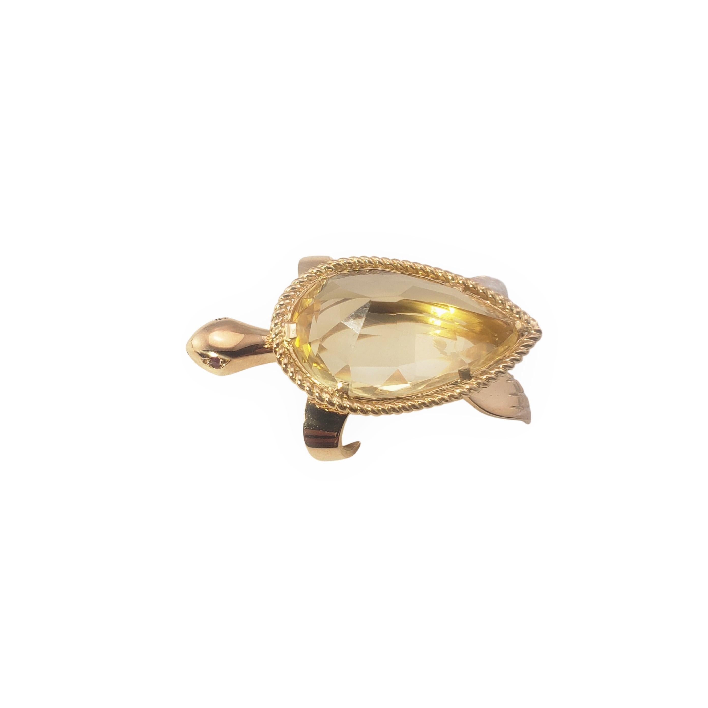 18 Karat Rose Gold and Citrine Turtle Brooch/Pin GAI Certified-

This lovely turtle pin features one pear shaped citrine (22 mm x 13 mm) set in beautifully detailed 18K rose gold. Accented with two red gemstone eyes.

Citrine weight:  17.02