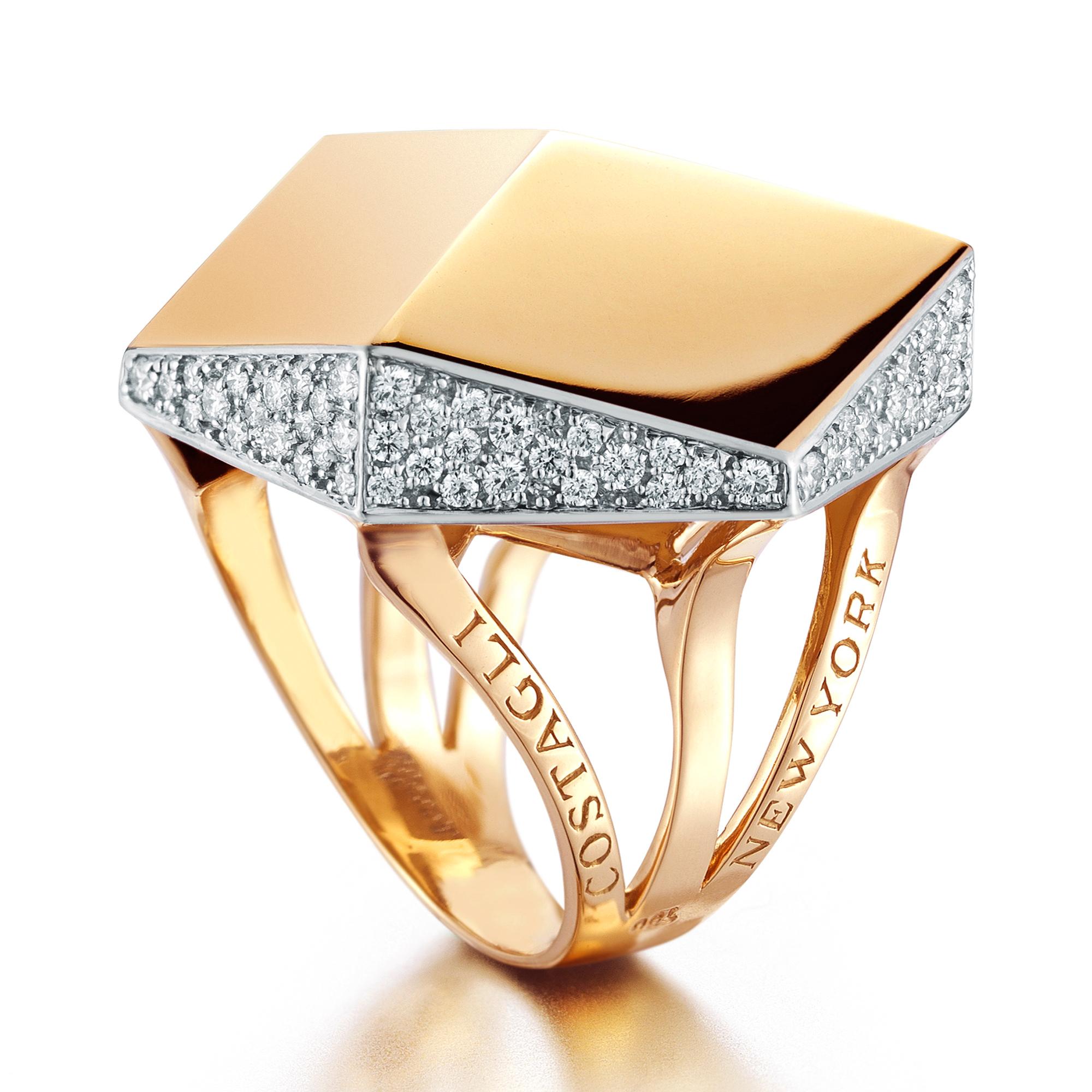 High polish 18kt rose gold cocktail ring from the Brillante® collection with diamond detail.

Translated from a quintessential Venetian motif, the Brillante® jewelry collection combines strong jewelry design, cutting edge technology and fine
