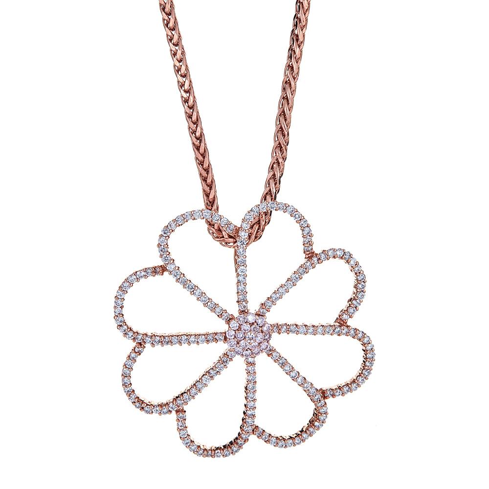 18 Karat Rose Gold and Diamond Flower Pendant with 14 Karat Rose Gold Chain In Excellent Condition In New York, NY