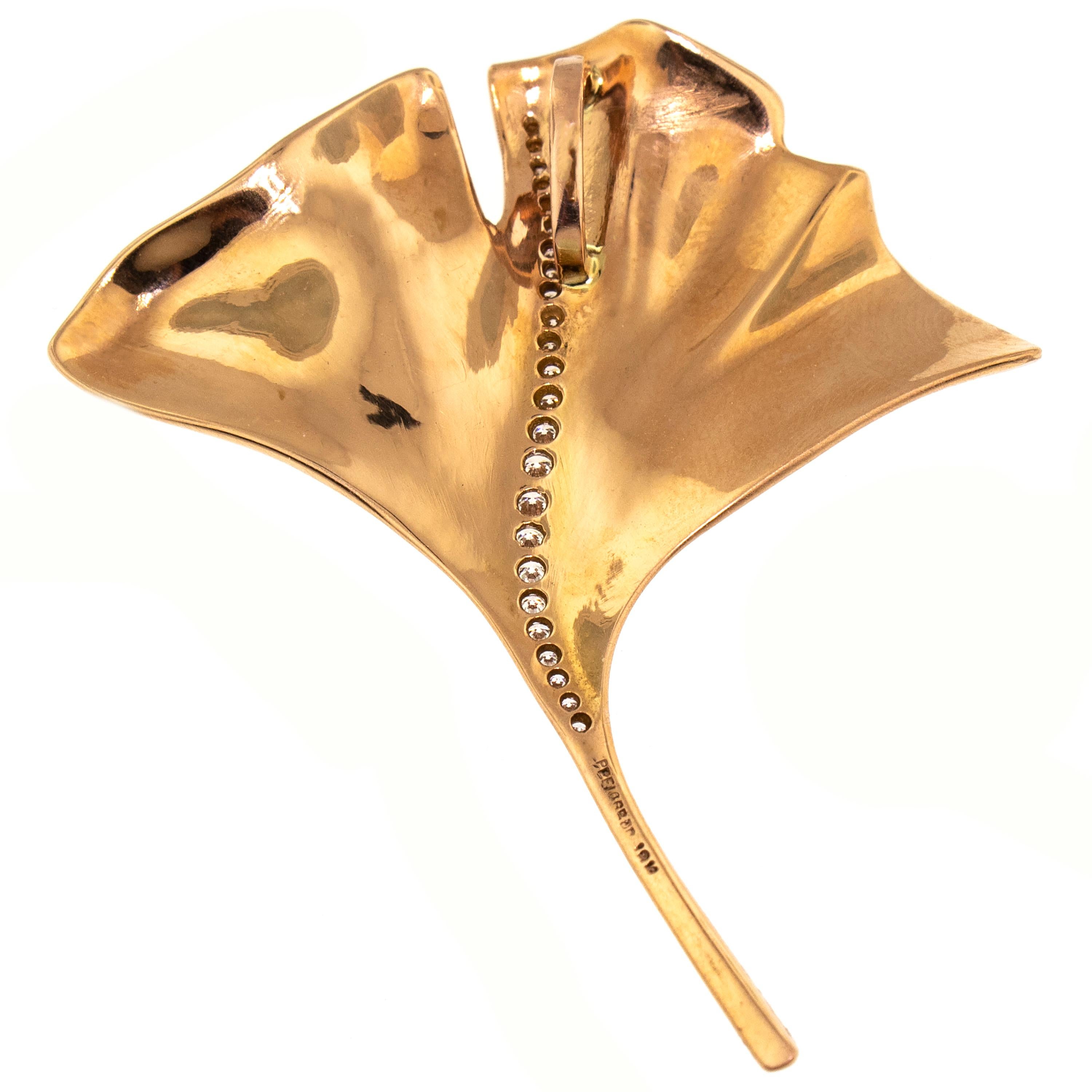 Round Cut 18 Karat Rose Gold and Diamond Ginkgo Leaf Pendant Necklace by Dan Peligrad