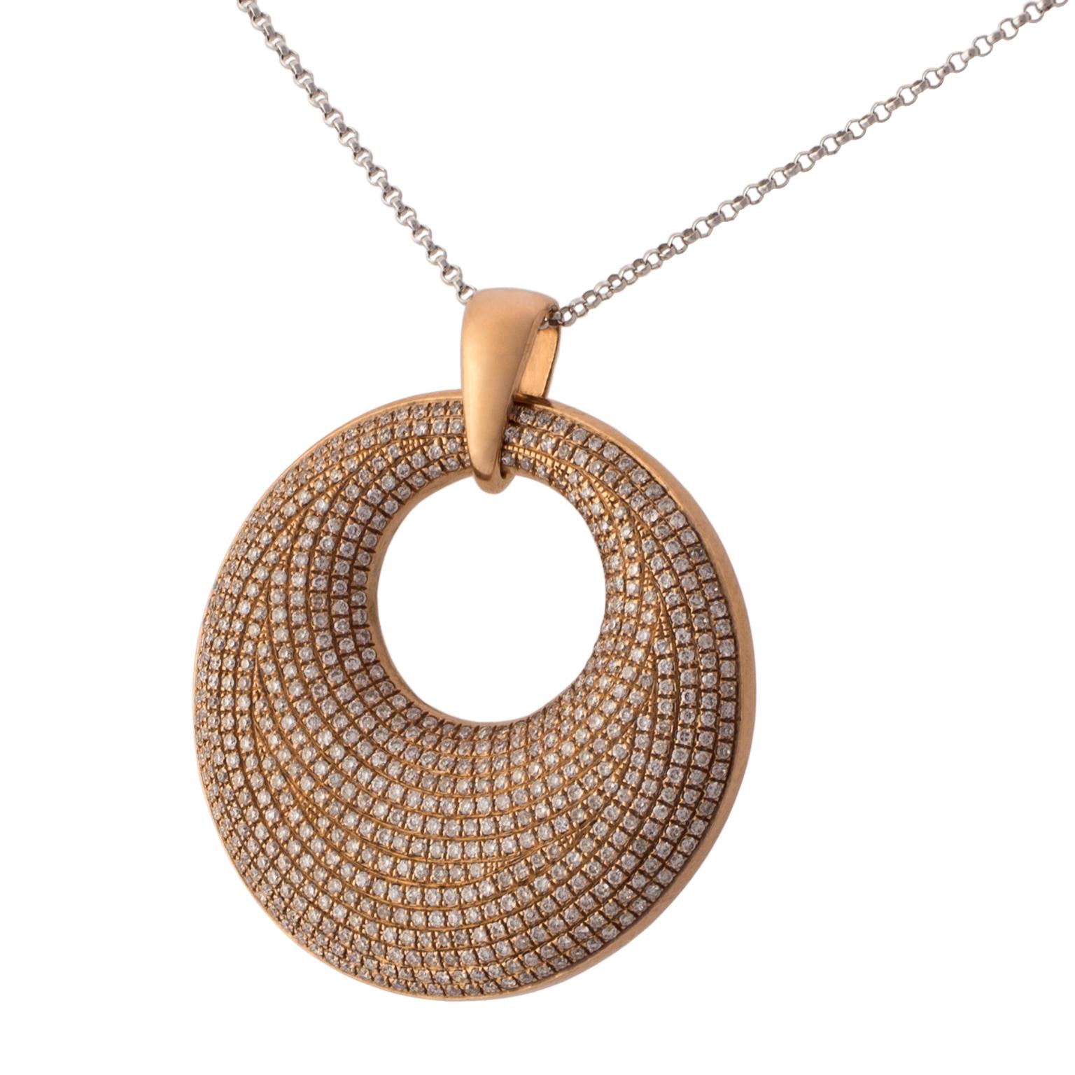 Round Cut 18 Karat Rose Gold and Diamond Pave Pendant Necklace For Sale