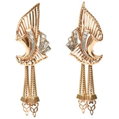 18 Karat Rose Gold and Diamond Retro Dangle Pierced Lever Back Earrings Vintage