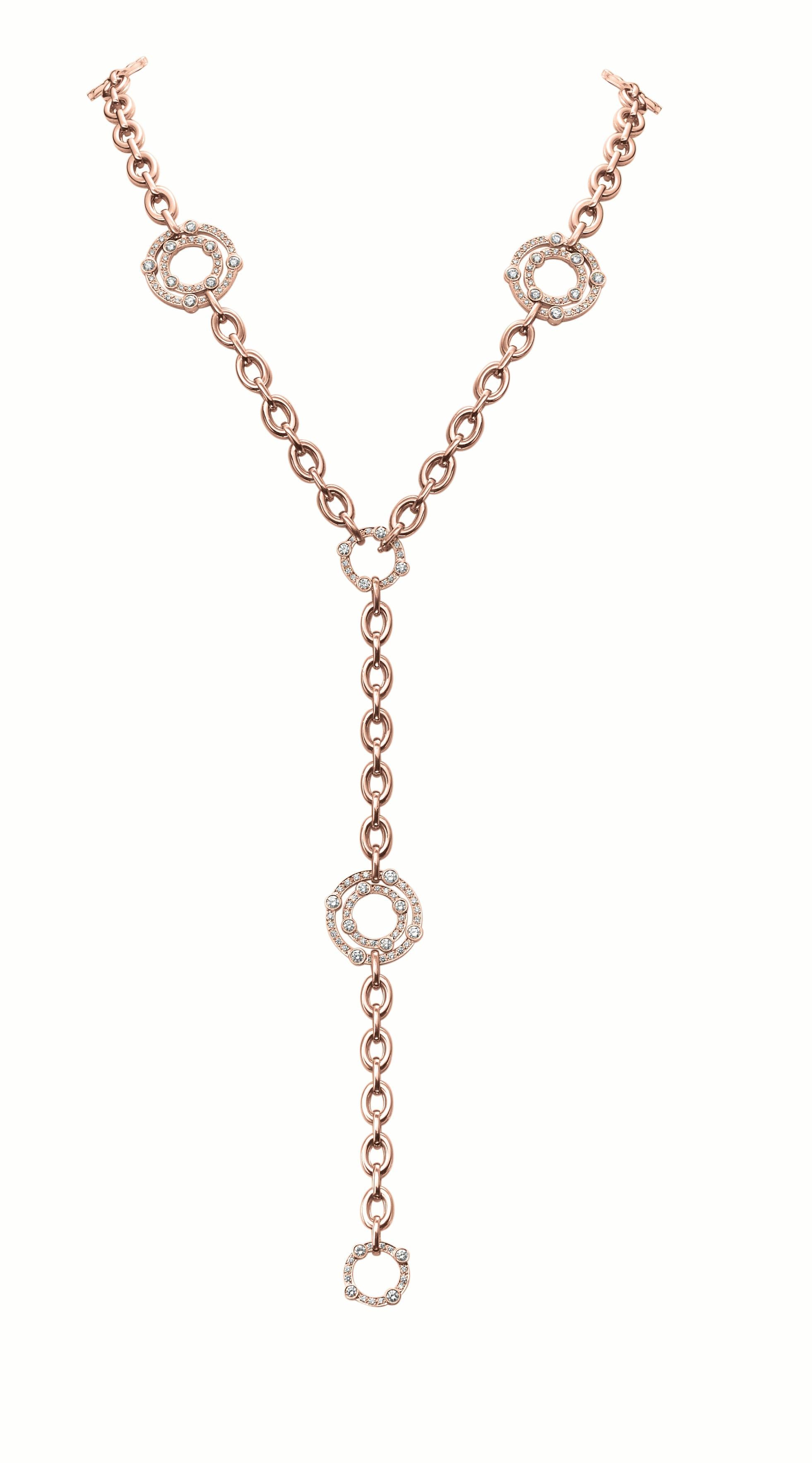 18 karat rose gold Carousel Collection 18 karat round link necklace with interspersed Carousel Collection jubilee motifs with diamond pavé.
220 round brilliant cut diamonds, 6.70 approximate total carat weight.
All diamonds H-I color, SI1 clarity