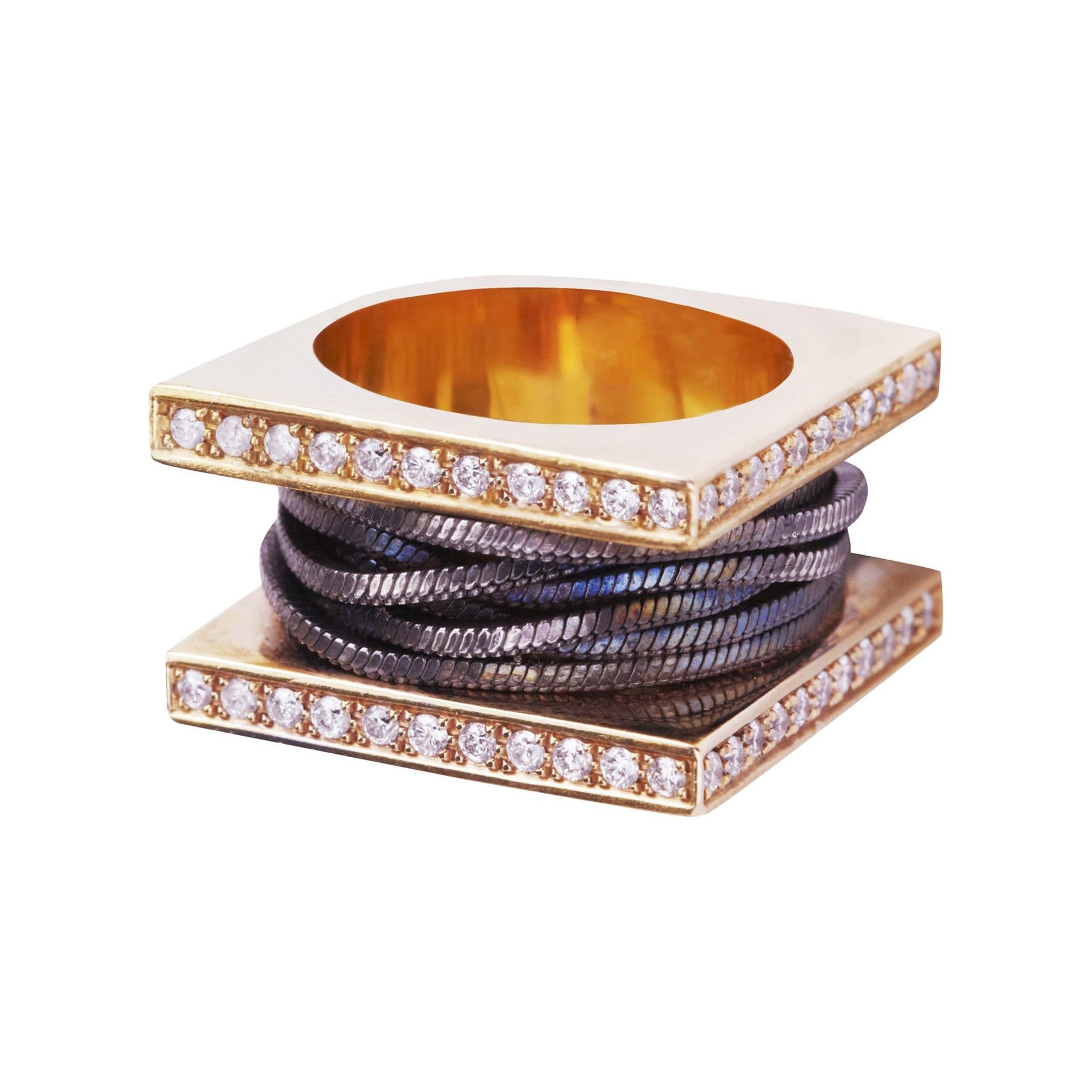 Women's or Men's Structural 18 Karat Rose Gold and Diamonds Band Fashion Cocktail Ring For Sale