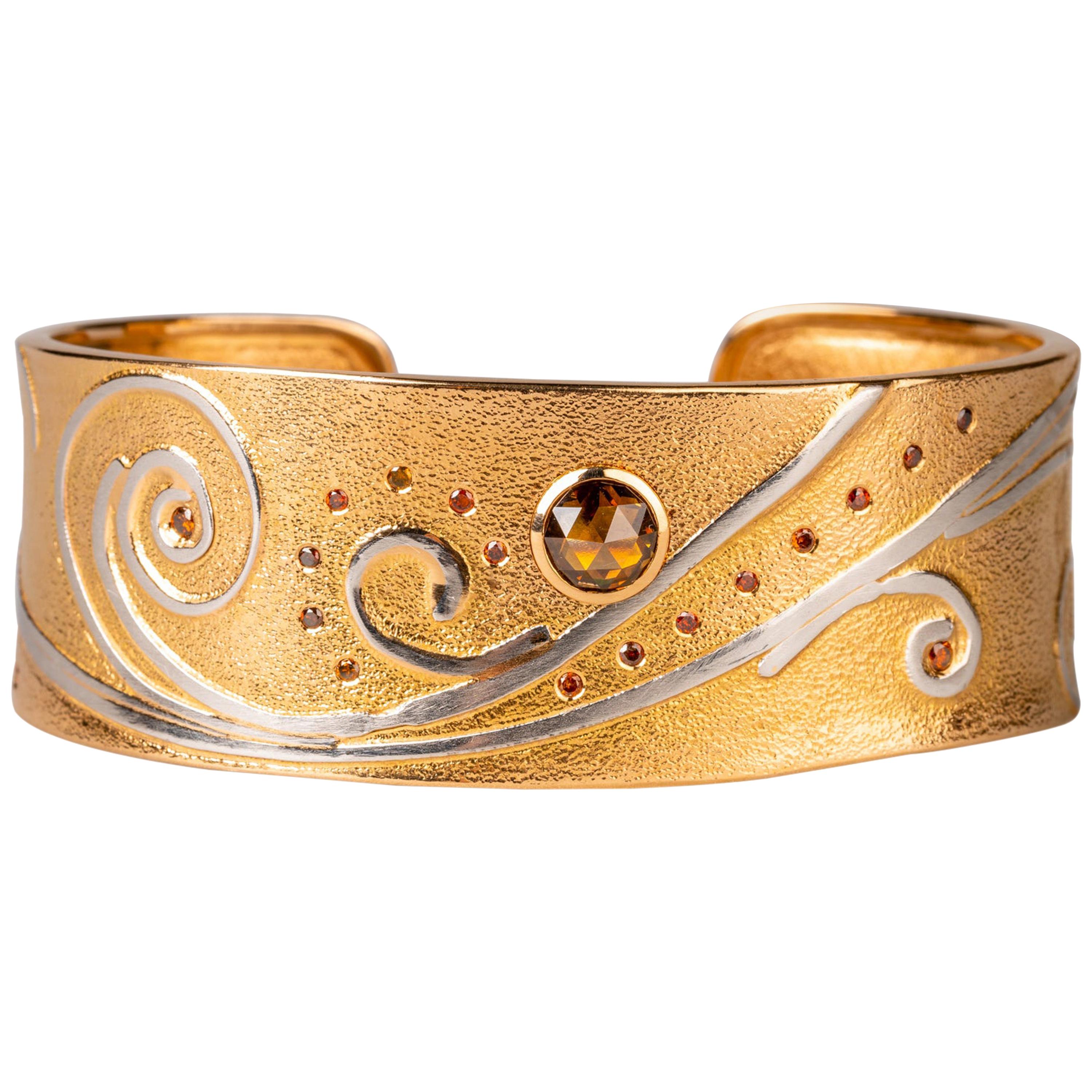 18 Karat Rose Gold and Platnium Cuff with Brown and Cabernet Diamonds For Sale