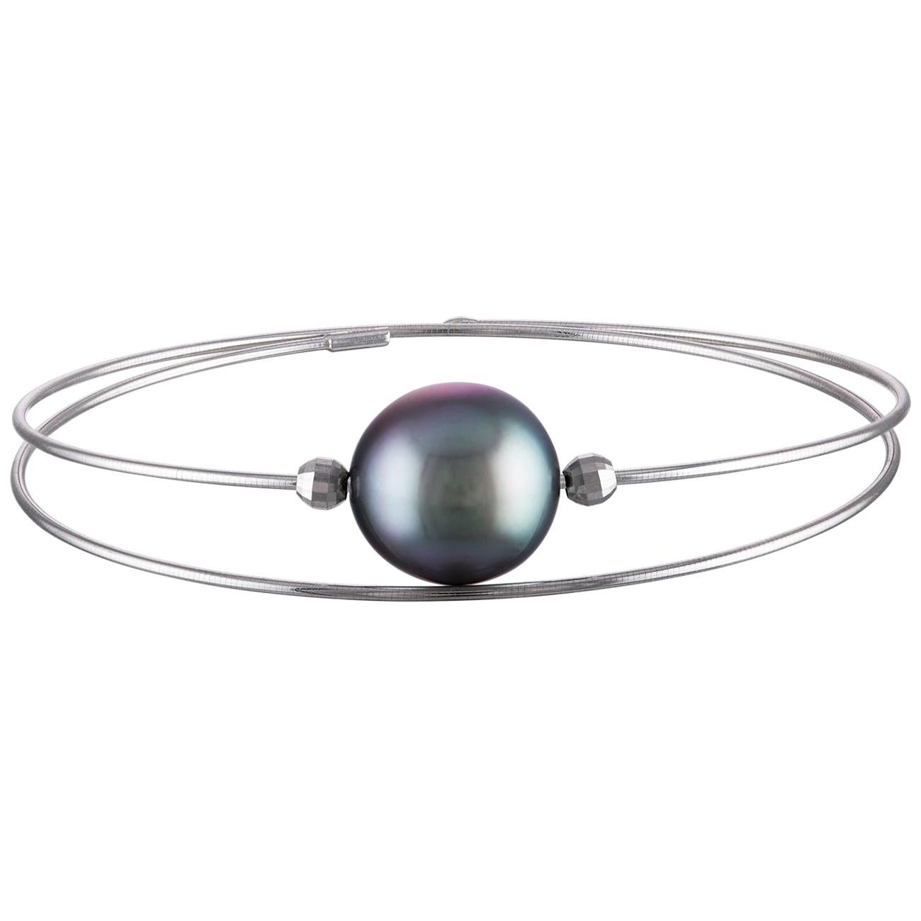 18 Karat Rose Gold and South Sea Tahitian Pearl Wire Bangle For Sale
