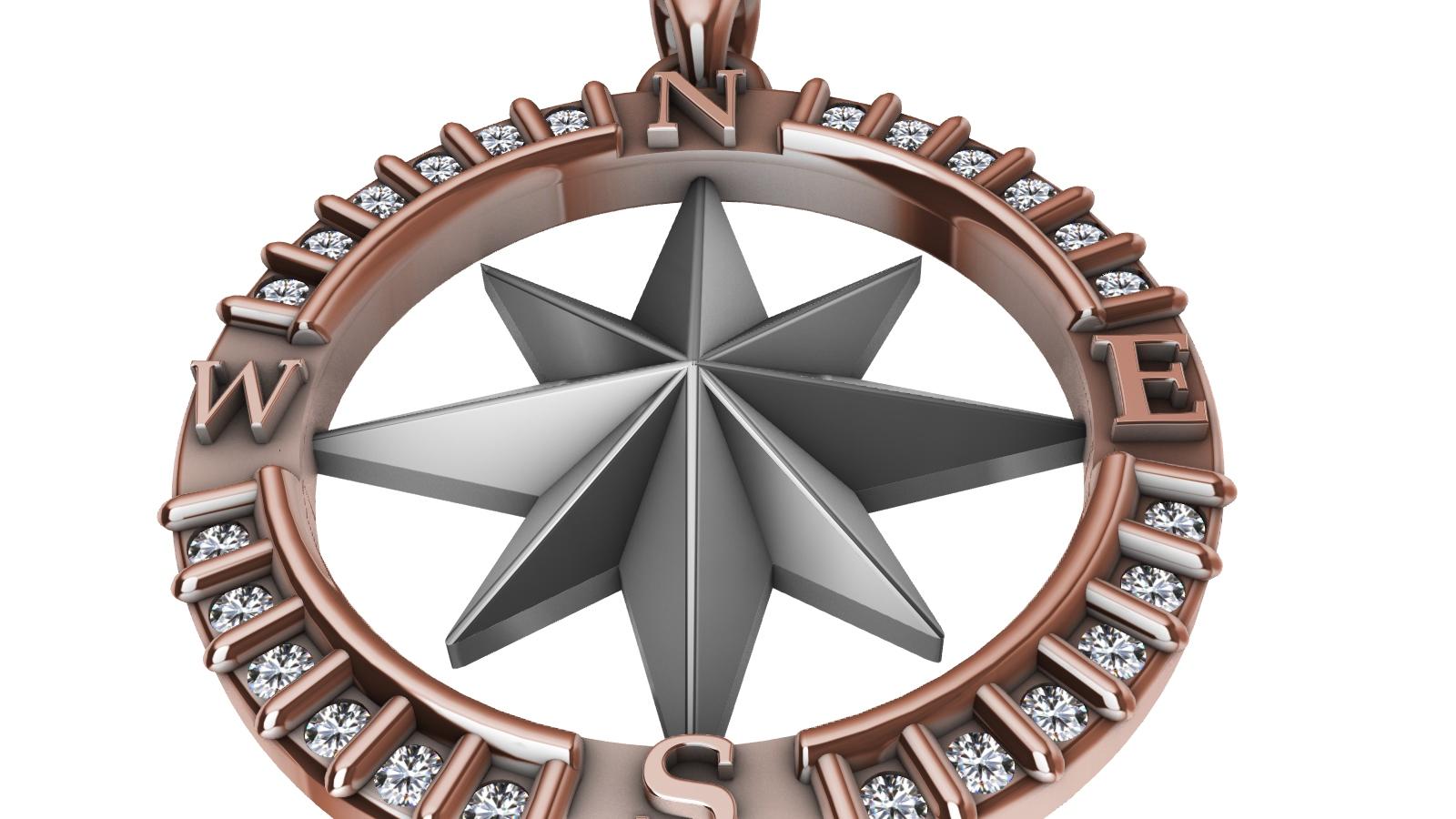 Round Cut 18 Karat Rose Gold and Sterling Diamond Sailors Compass Pendant For Sale