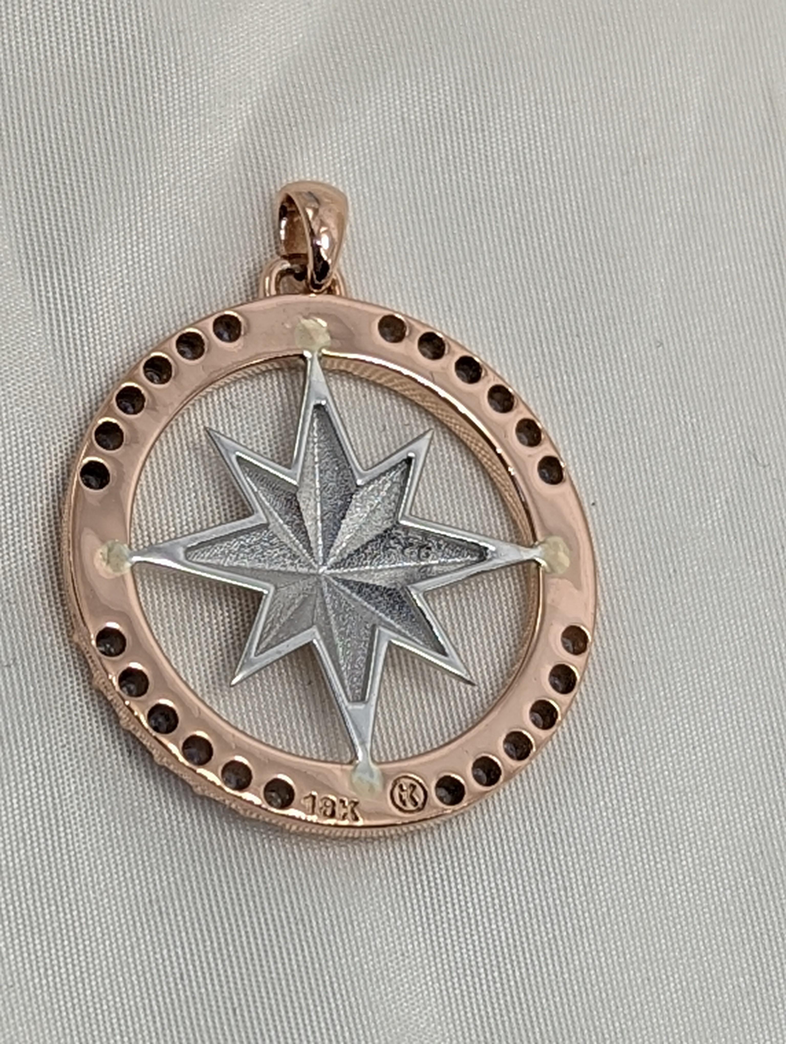 Contemporary 18 Karat Rose Gold and Sterling Sapphires Sailors Compass Pendant For Sale