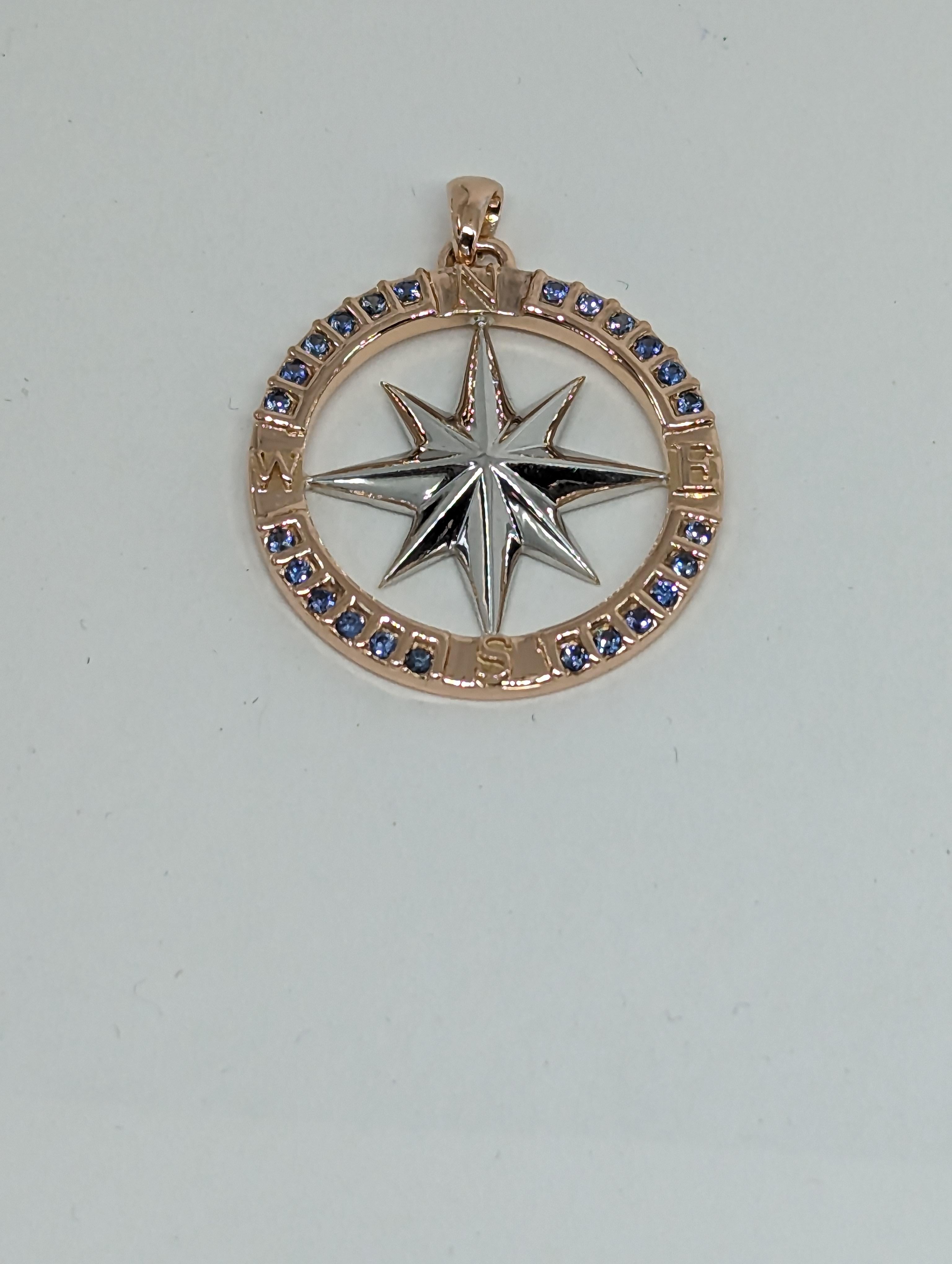 Round Cut 18 Karat Rose Gold and Sterling Sapphires Sailors Compass Pendant For Sale