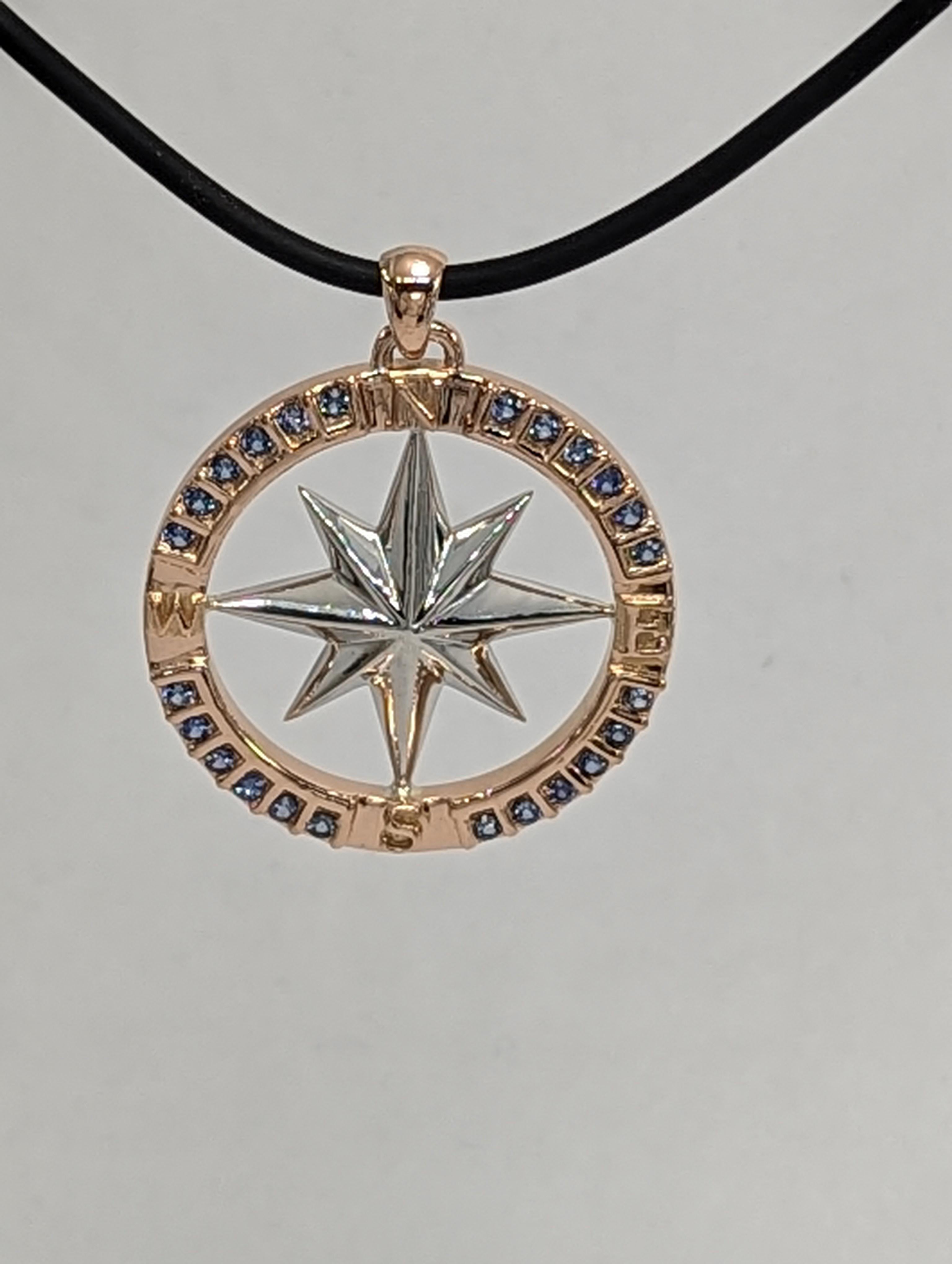 18 Karat Rose Gold and Sterling Sapphires Sailors Compass Pendant For Sale 1
