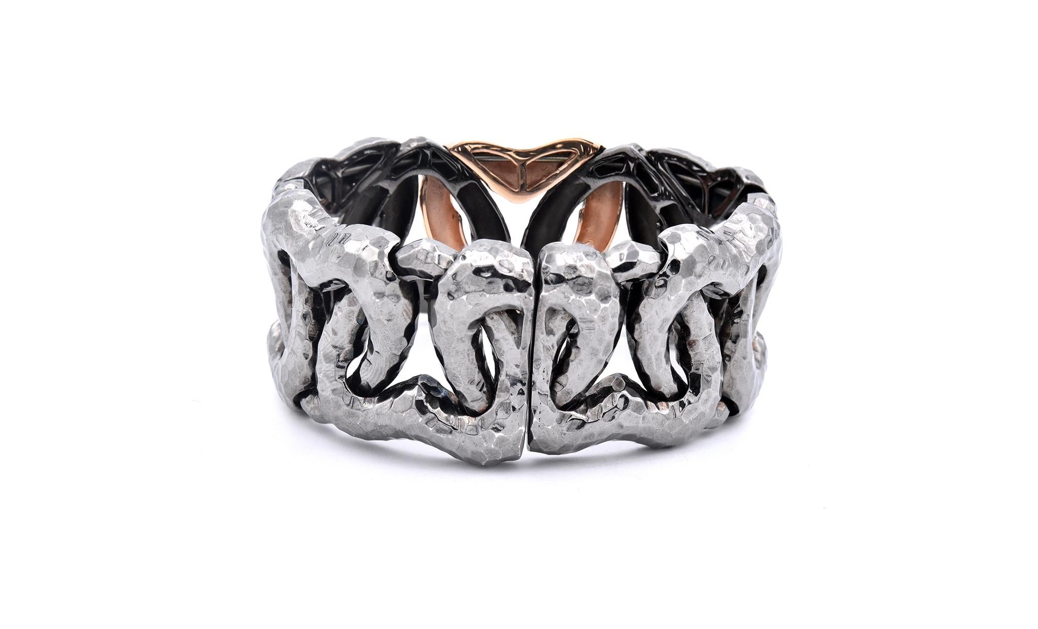 Women's or Men's 18 Karat Rose Gold and Sterling Silver Hammered Heart Bangle Bracelet For Sale
