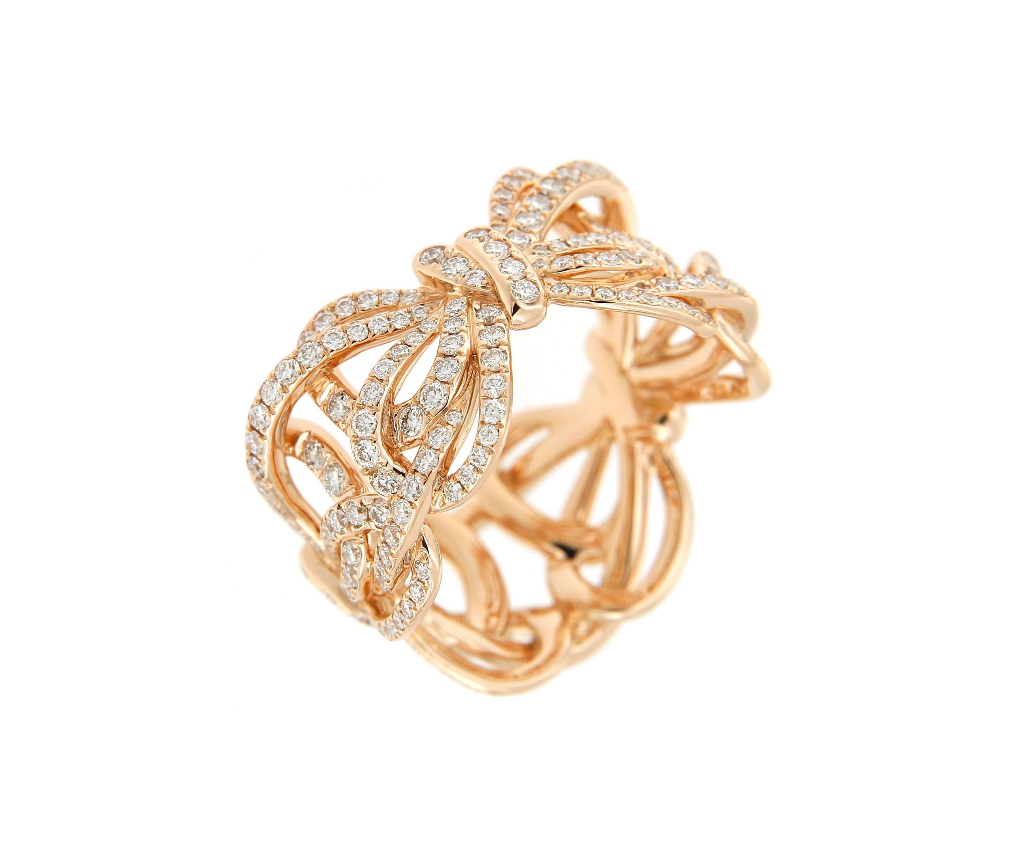 Contemporary 18 Karat Rose Gold and White Diamonds Bow Band Ring For Sale