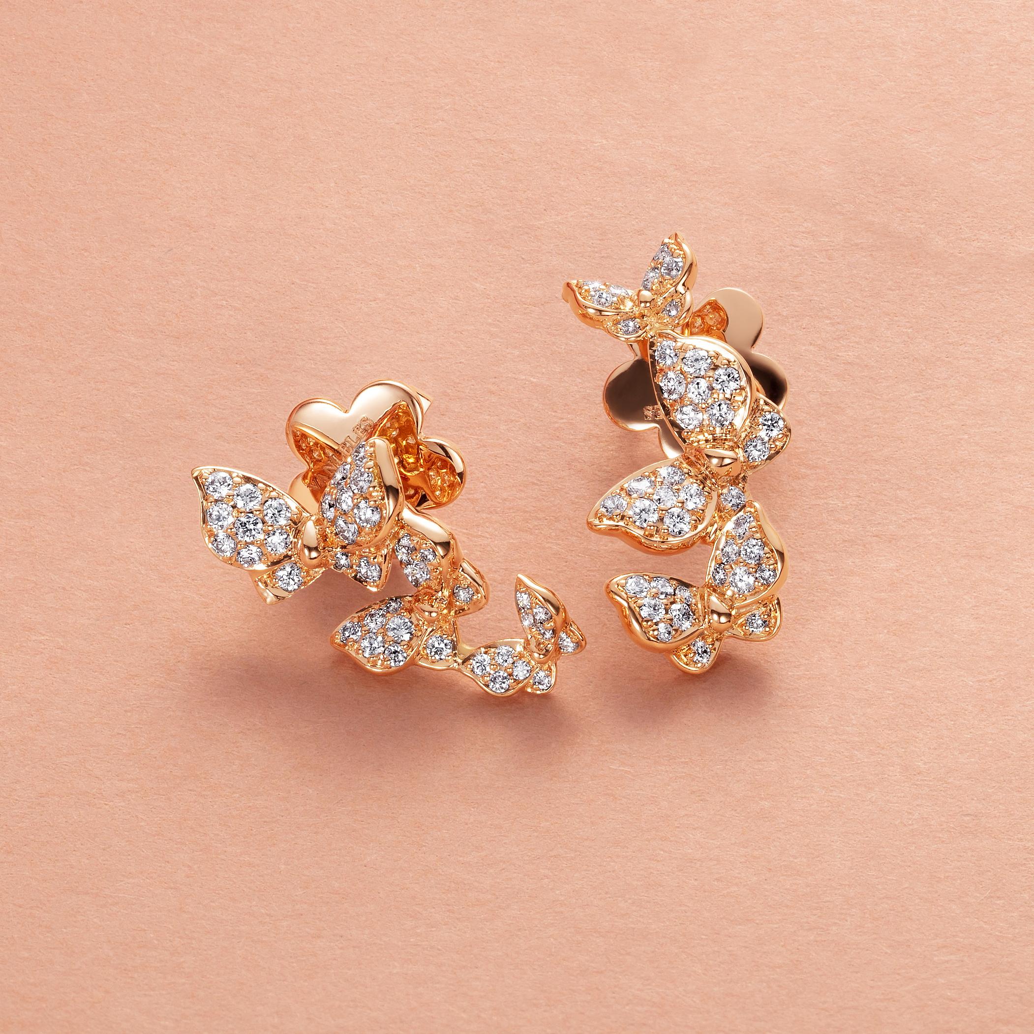Contemporary 18 Karat Rose Gold and White Diamonds Butterfly Earrings For Sale