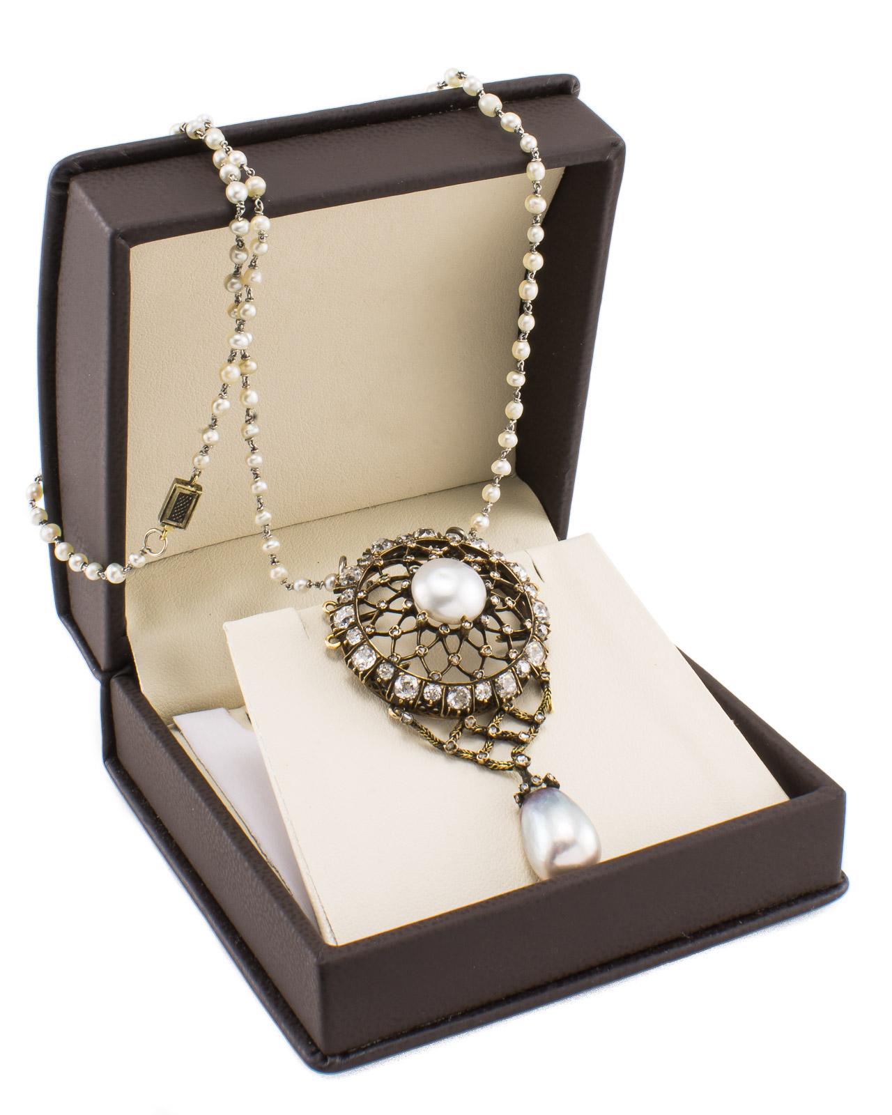 18 Karat Roségold antike französische viktorianische Perlen- und Diamant-Halskette (Viktorianisch) im Angebot