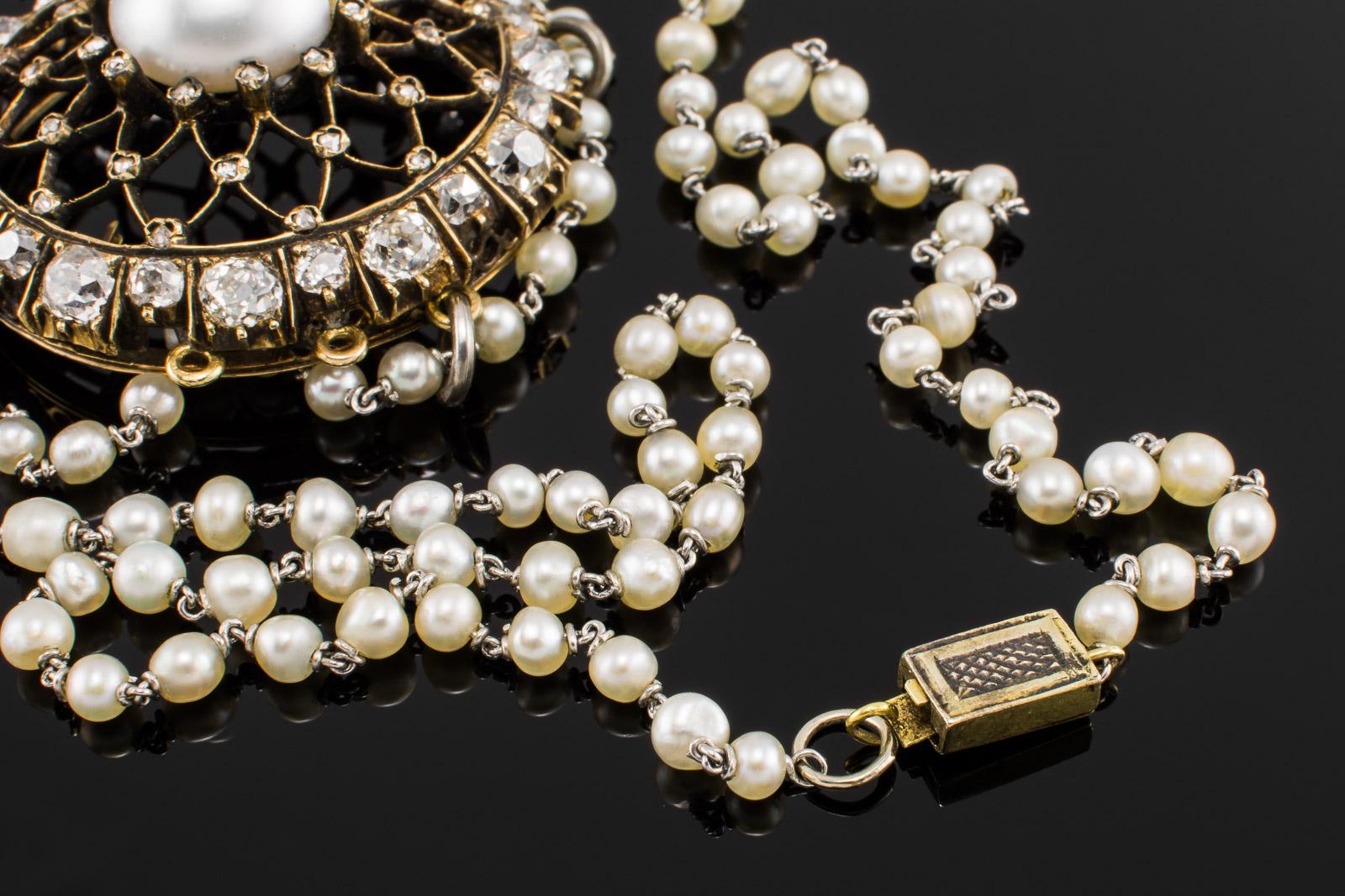 18 Karat Roségold antike französische viktorianische Perlen- und Diamant-Halskette für Damen oder Herren im Angebot