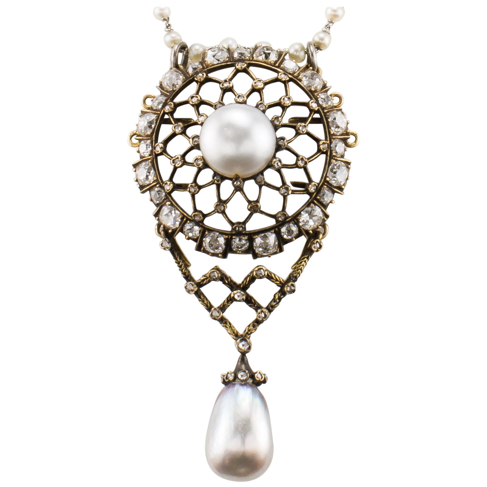 18 Karat Roségold antike französische viktorianische Perlen- und Diamant-Halskette im Angebot