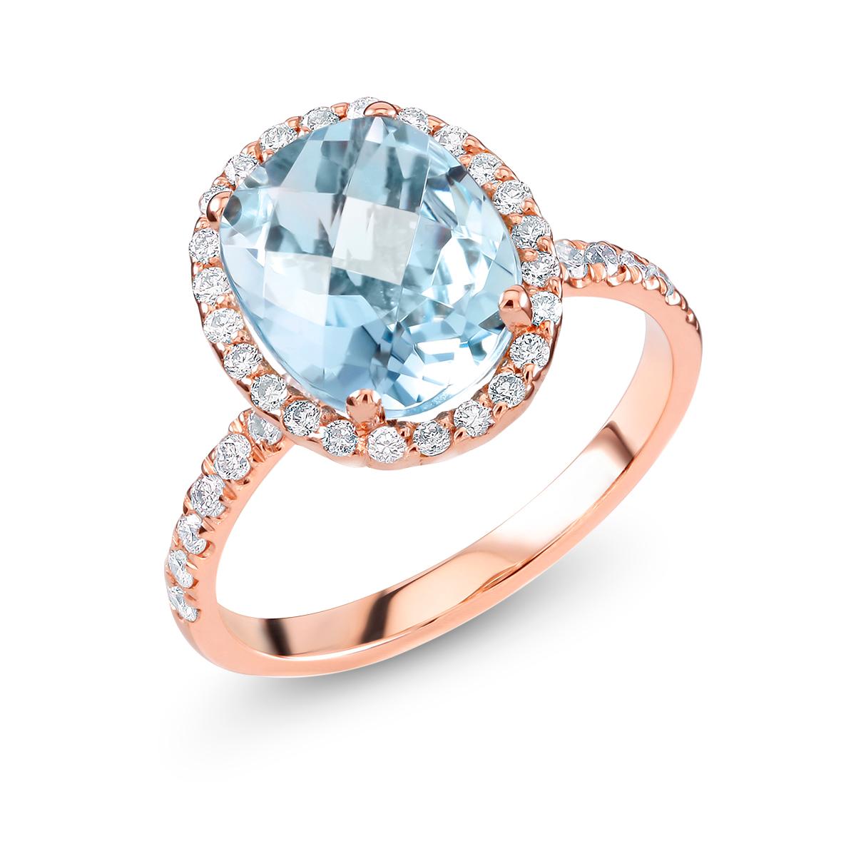 Oval Cut Eighteen Karat Rose Gold Aquamarine Diamond Cocktail Cluster Ring