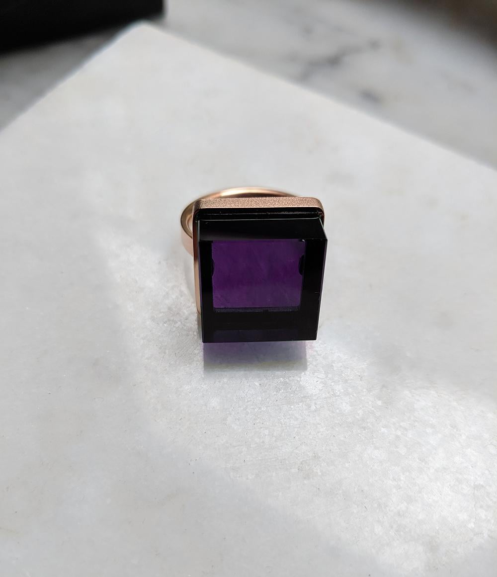 Featured in Vogue Rose Gold Art Deco Style Men Ring with Dark Amethyst For Sale 5