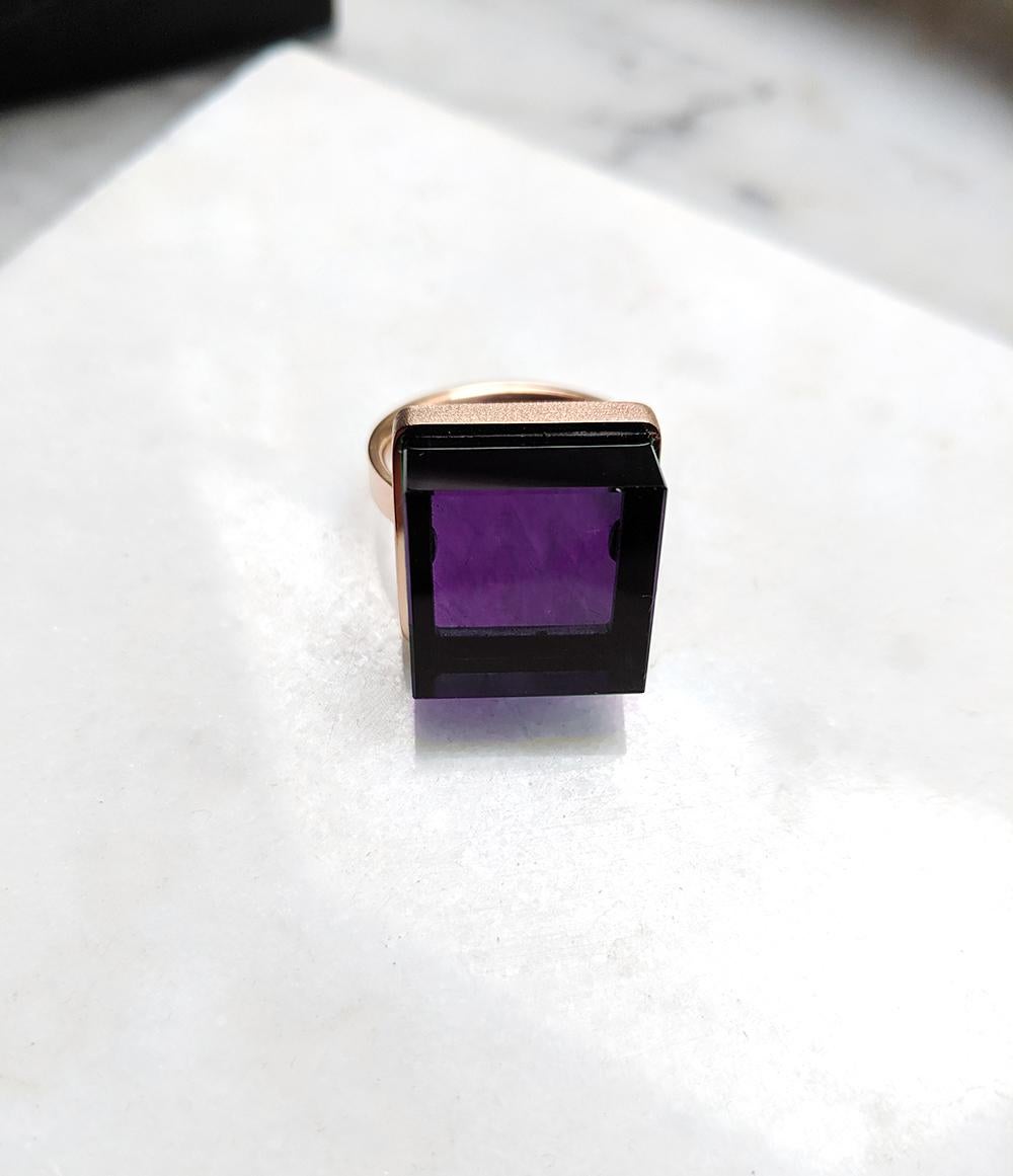 Featured in Vogue Rose Gold Art Deco Style Men Ring with Dark Amethyst For Sale 8