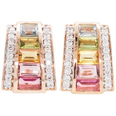 18 Karat Rose Gold Art Deco Style Tourmaline Citrine Peridot Topaz Ear-Clips