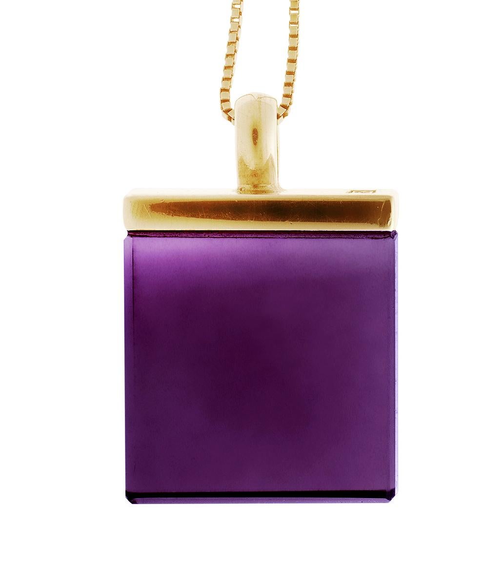 This art deco style pendant necklace is made of 18 karat rose gold and features a large 15x15x8 mm grown amethyst that was specially cut for the artist. It is part of the Ink collection, which has been featured in Harper's Bazaar and Vogue UA. The