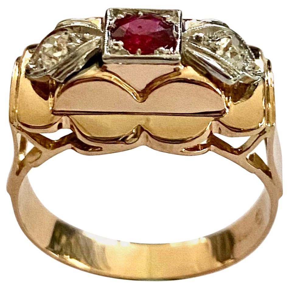 18 Karat Rose Gold Art Deco Ring with Ruby and Diamonds, Belgium, 1930