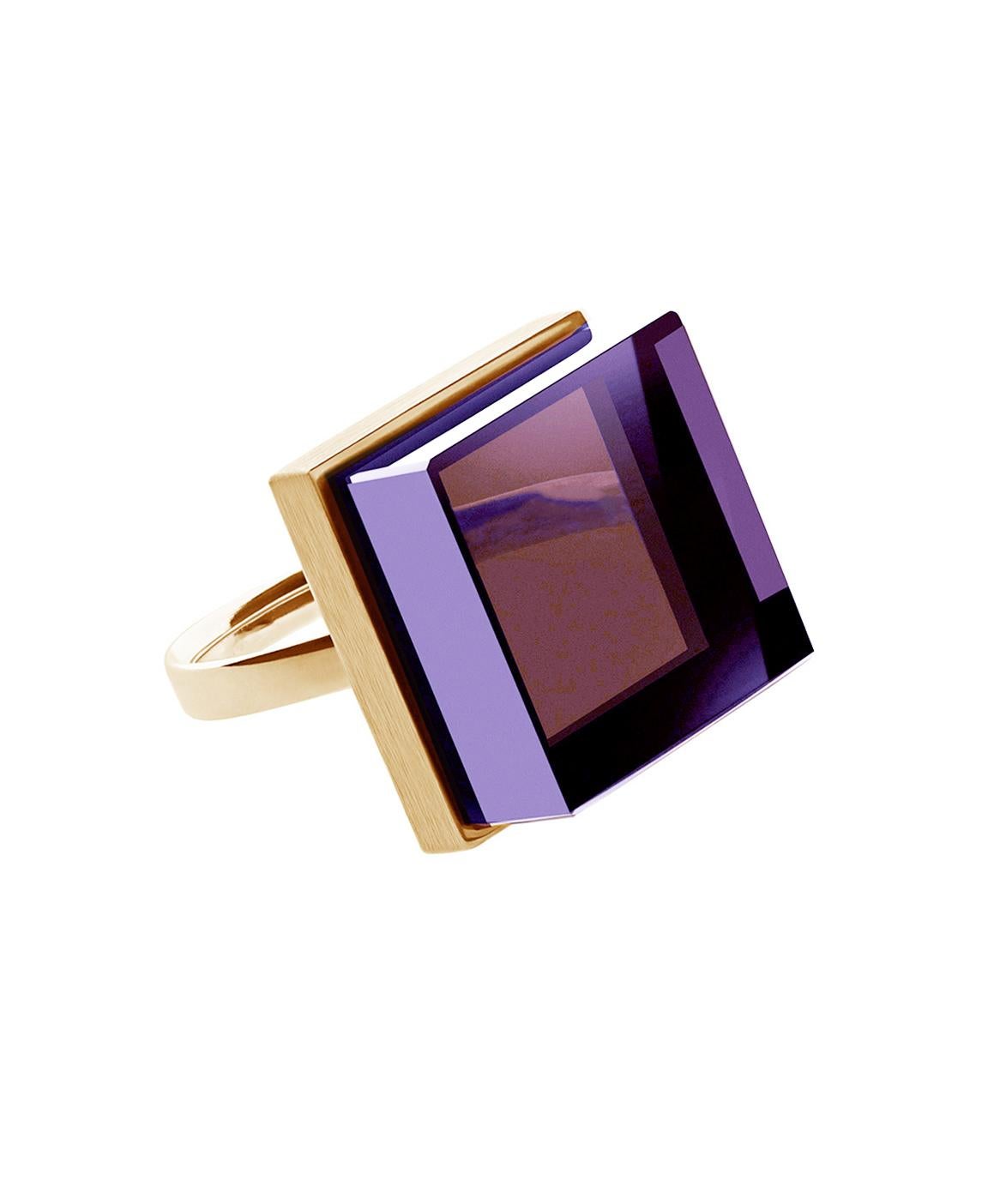 This ring is in 18 karat rose gold with 15x15x8 mm grown amethyst. It was published in Harper's Bazaar and Vogue UA. The piece can be ordered in the other colours, such as green amethyst, rose quartz, blue or green grown quartz, tear-transparent
