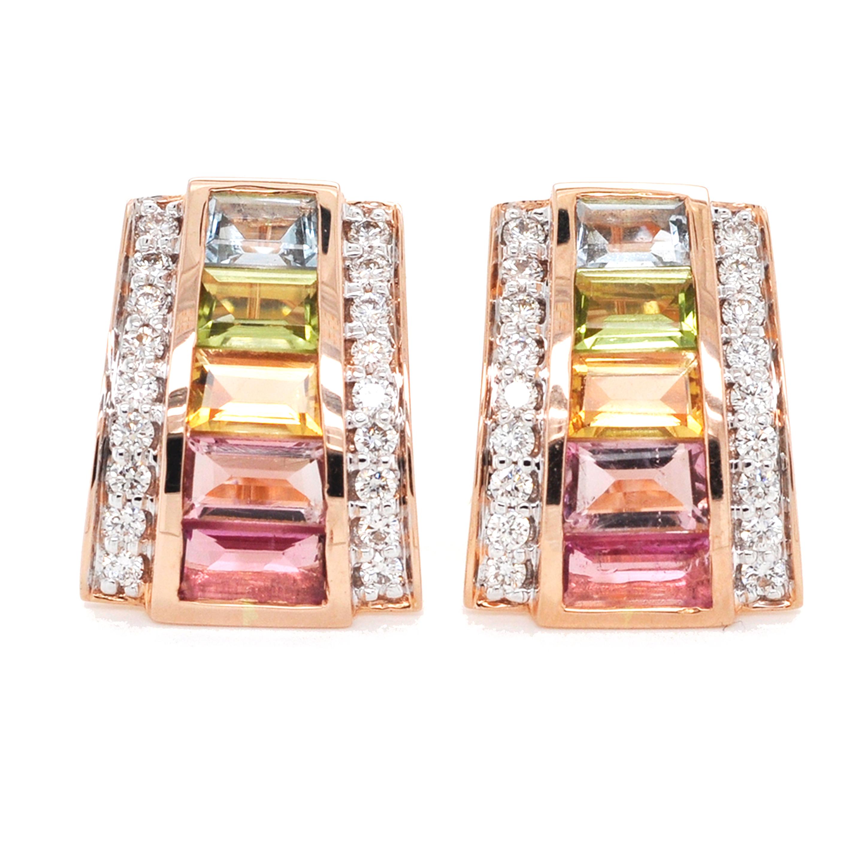 Baguette Cut 18 Karat Rose Gold Art Deco Style Tourmaline Citrine Peridot Topaz Stud Earrings For Sale