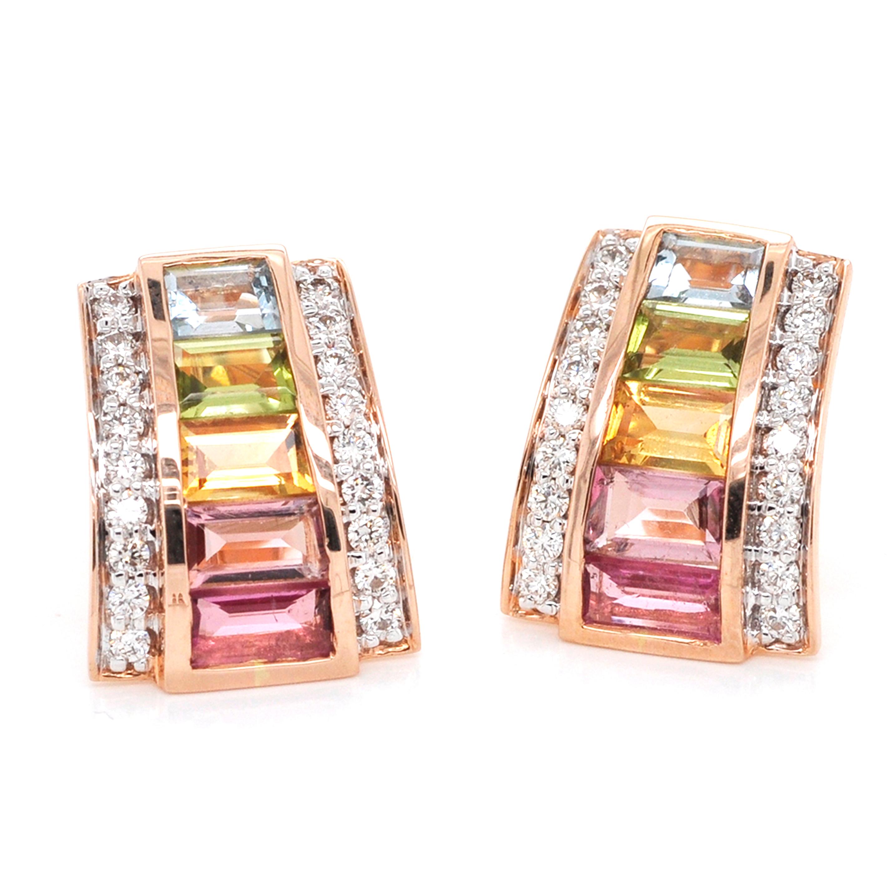 18 Karat Rose Gold Art Deco Style Tourmaline Citrine Peridot Topaz Stud Earrings In New Condition For Sale In Jaipur, Rajasthan