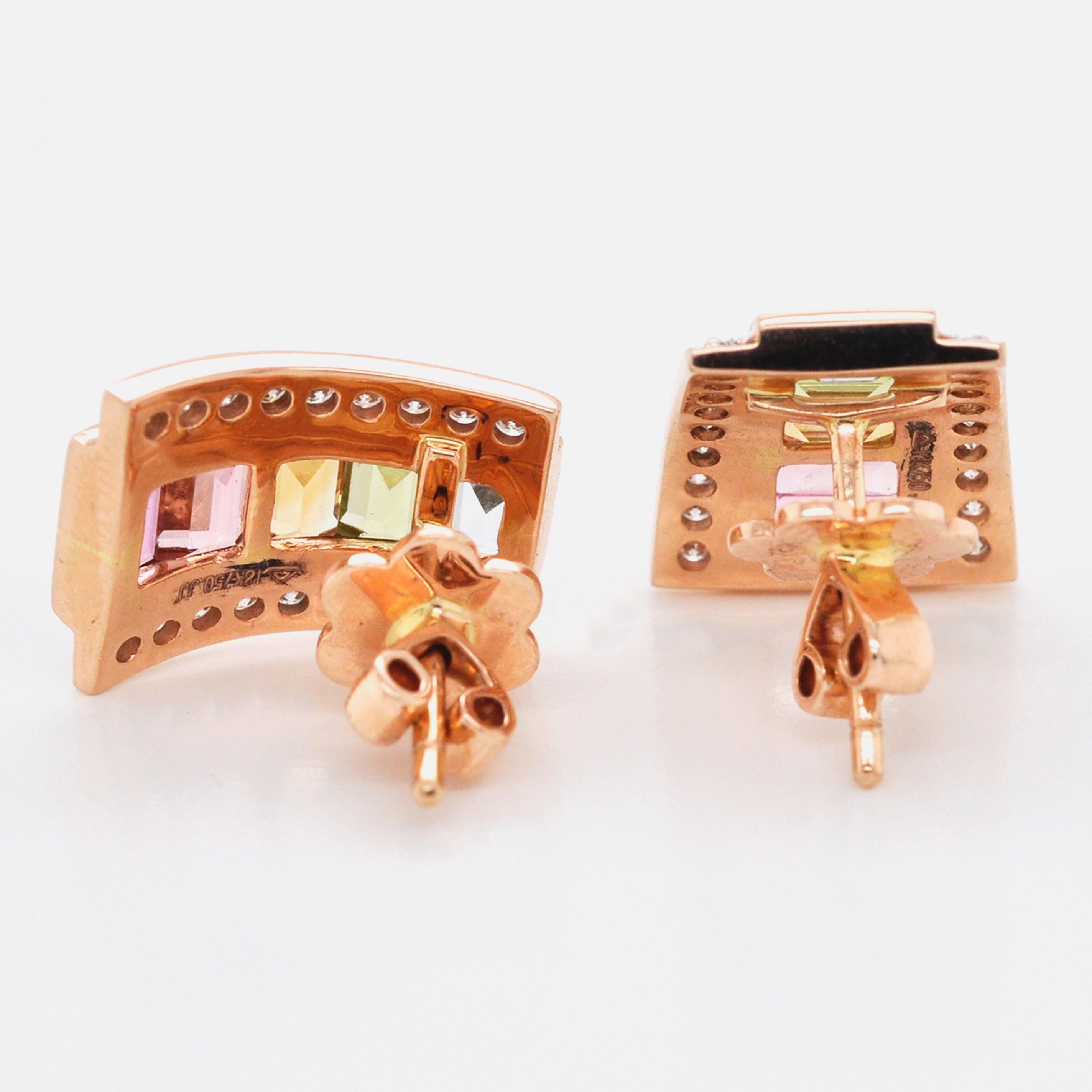 18 Karat Rose Gold Art Deco Style Tourmaline Citrine Peridot Topaz Stud Earrings For Sale 1