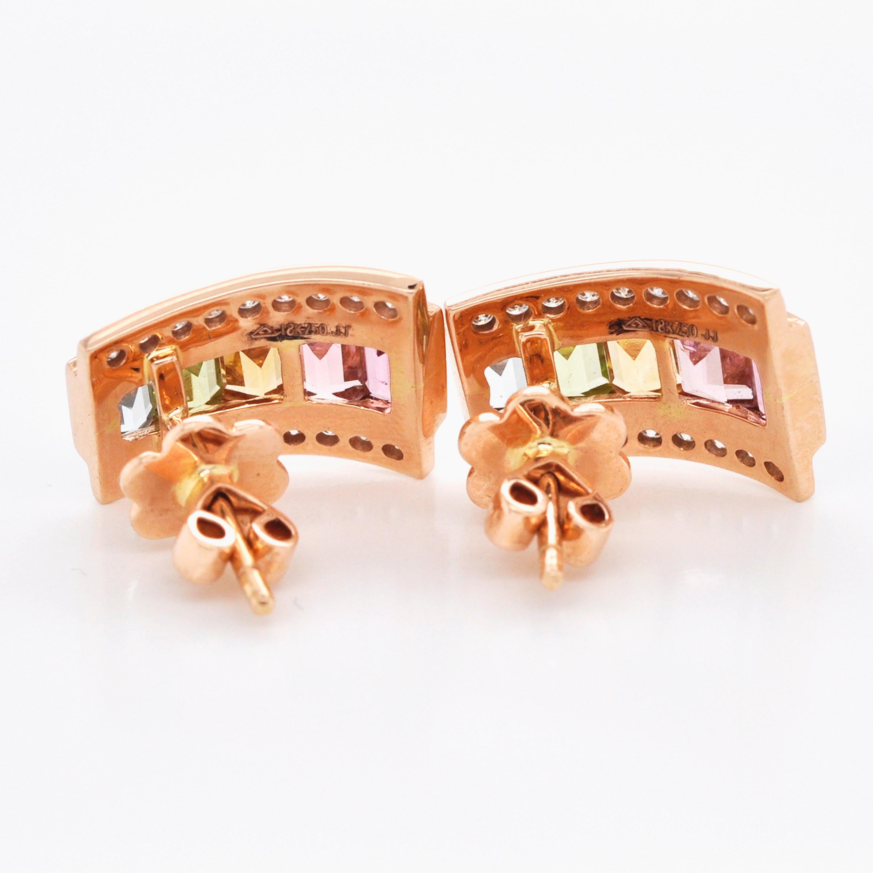 18 Karat Rose Gold Art Deco Style Tourmaline Citrine Peridot Topaz Stud Earrings For Sale 2