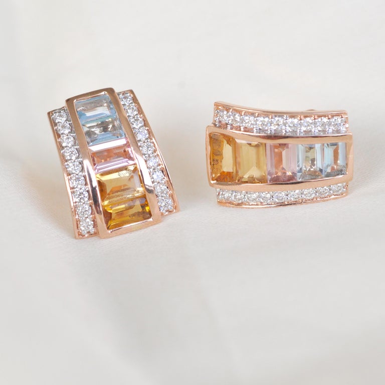 18 Karat Rose Gold Art Deco Style Tourmaline Citrine Blue Topaz Ear ...