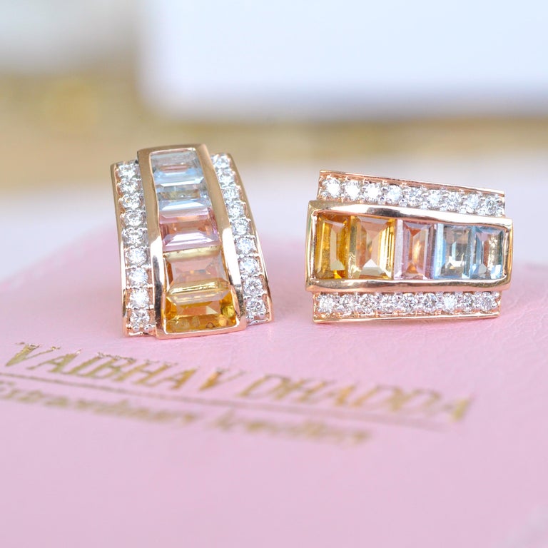 18 Karat Rose Gold Art Deco Style Tourmaline Citrine Blue Topaz Ear ...