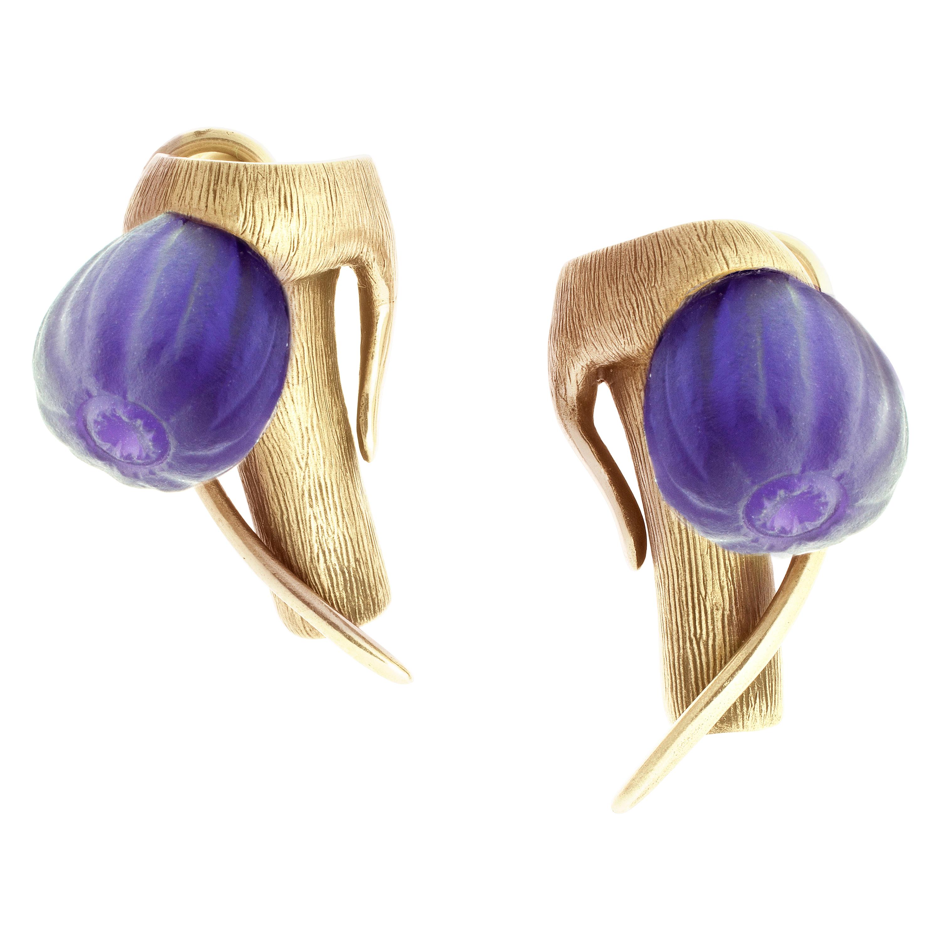Eighteen Karat Rose Gold Contemporary Fig Stud Earrings with Amethysts For Sale