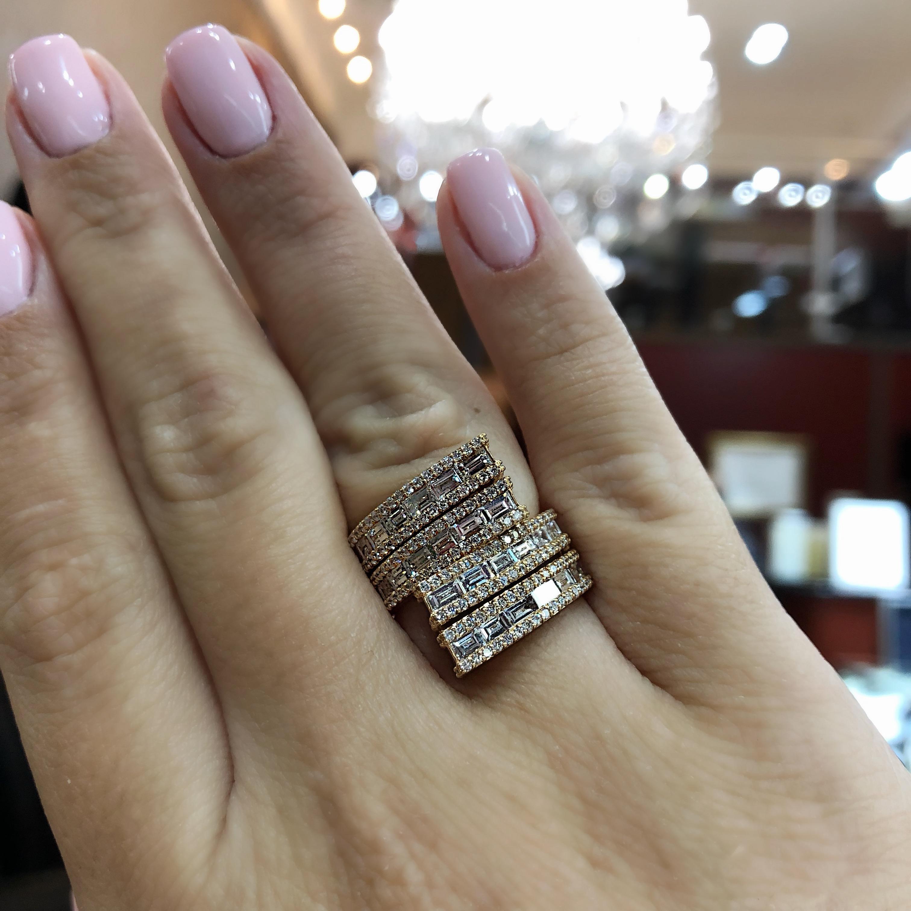 Contemporary 18 Karat Rose Gold Baguette Diamond Statement Ring