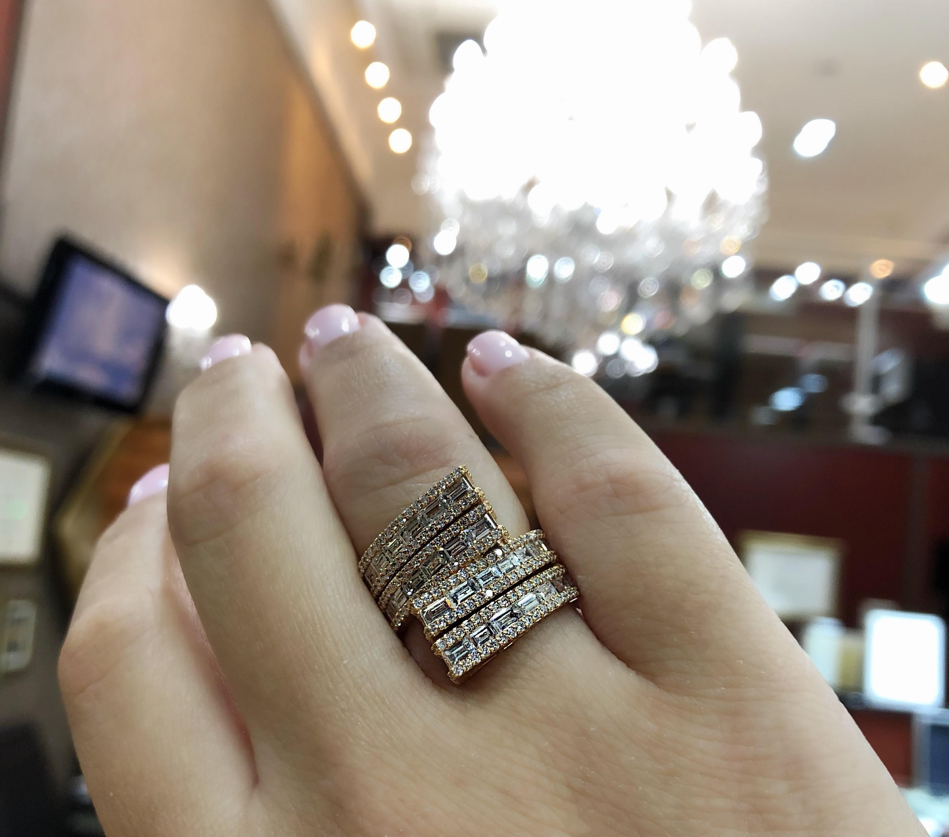 Baguette Cut 18 Karat Rose Gold Baguette Diamond Statement Ring