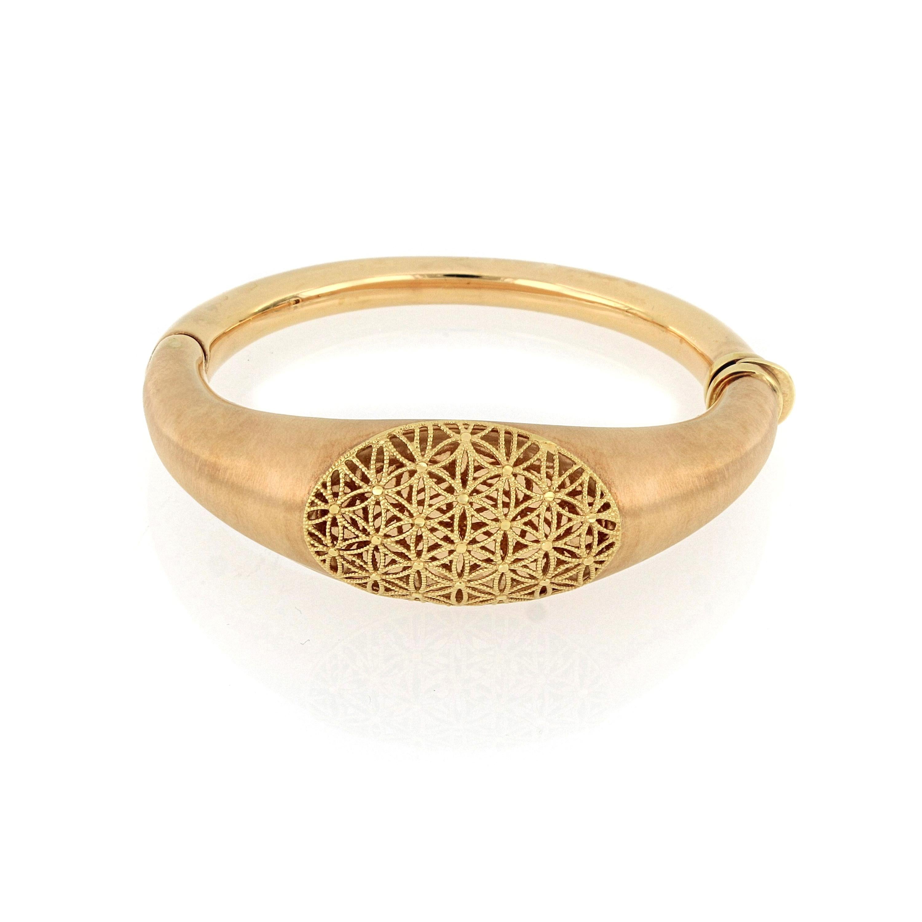 18 Karat Rose Gold Bangle, Italian made featuring geometric pattern and textured body with brushed finish. 
O’Che 1867 was founded one and a half centuries ago in Macau. The brand is renowned for its high jewellery collections with fabulous designs.