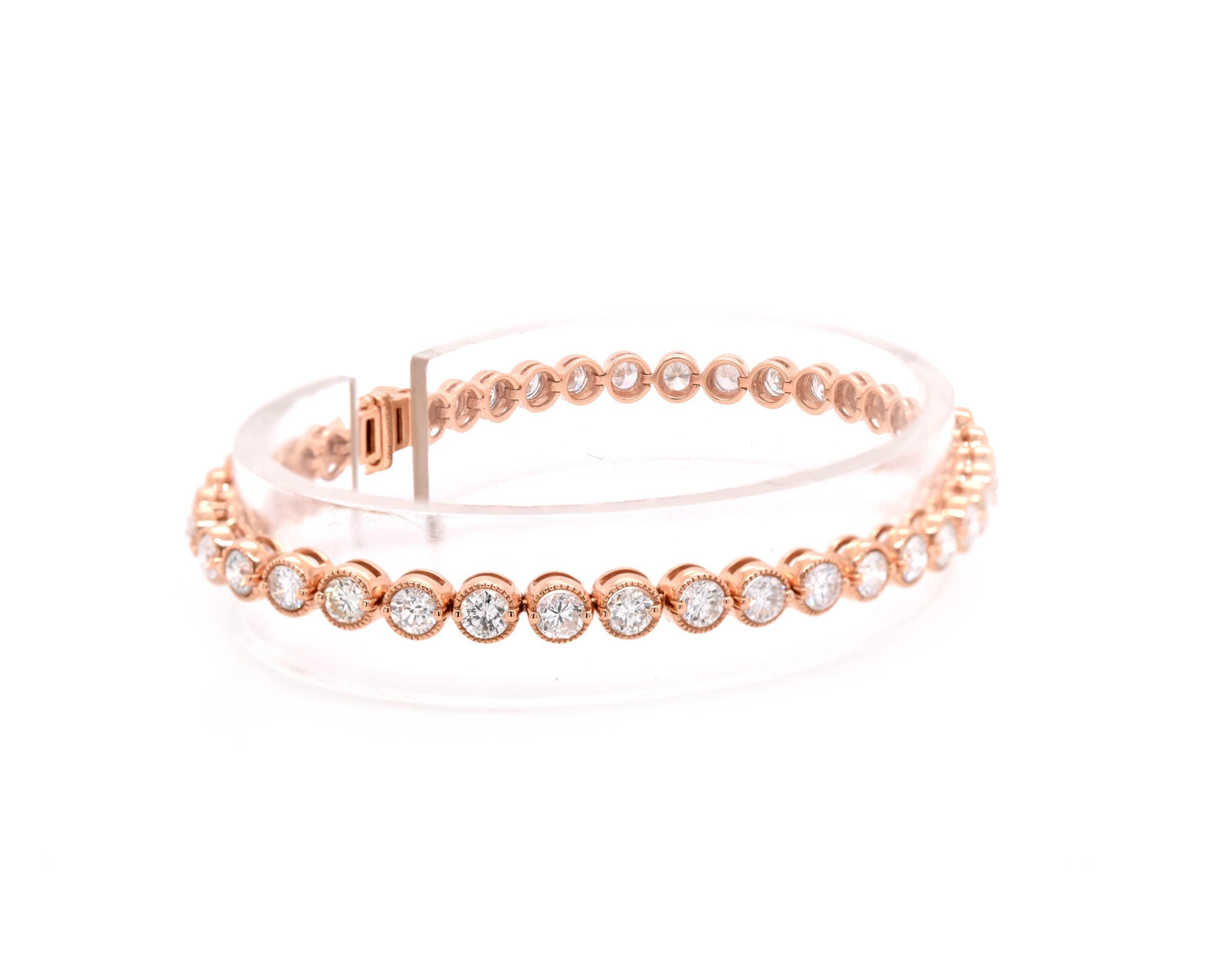 Material: 18K rose gold
Diamonds:  41 round brilliant cut = 5.00cttw
Color: G
Clarity: VS
Dimensions: bracelet will fit up to a 6.5-inch wrist 
Weight: 13.02 grams