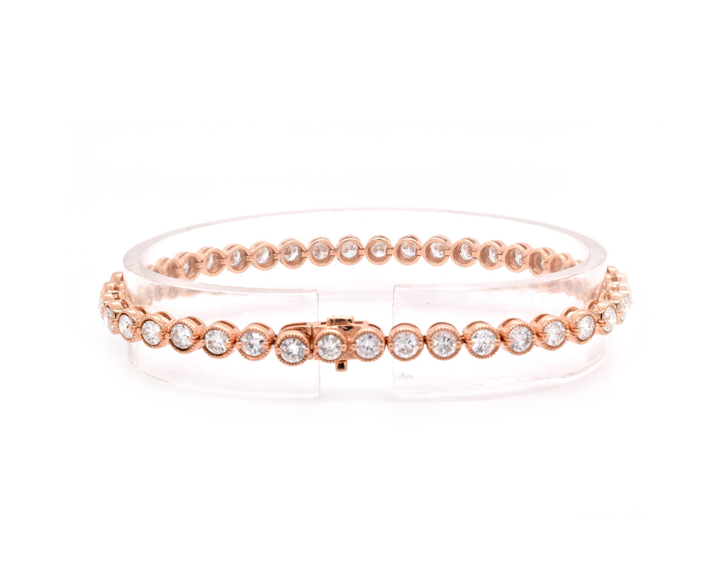 Round Cut 18 Karat Rose Gold Bezel Set Diamond Tennis Bracelet