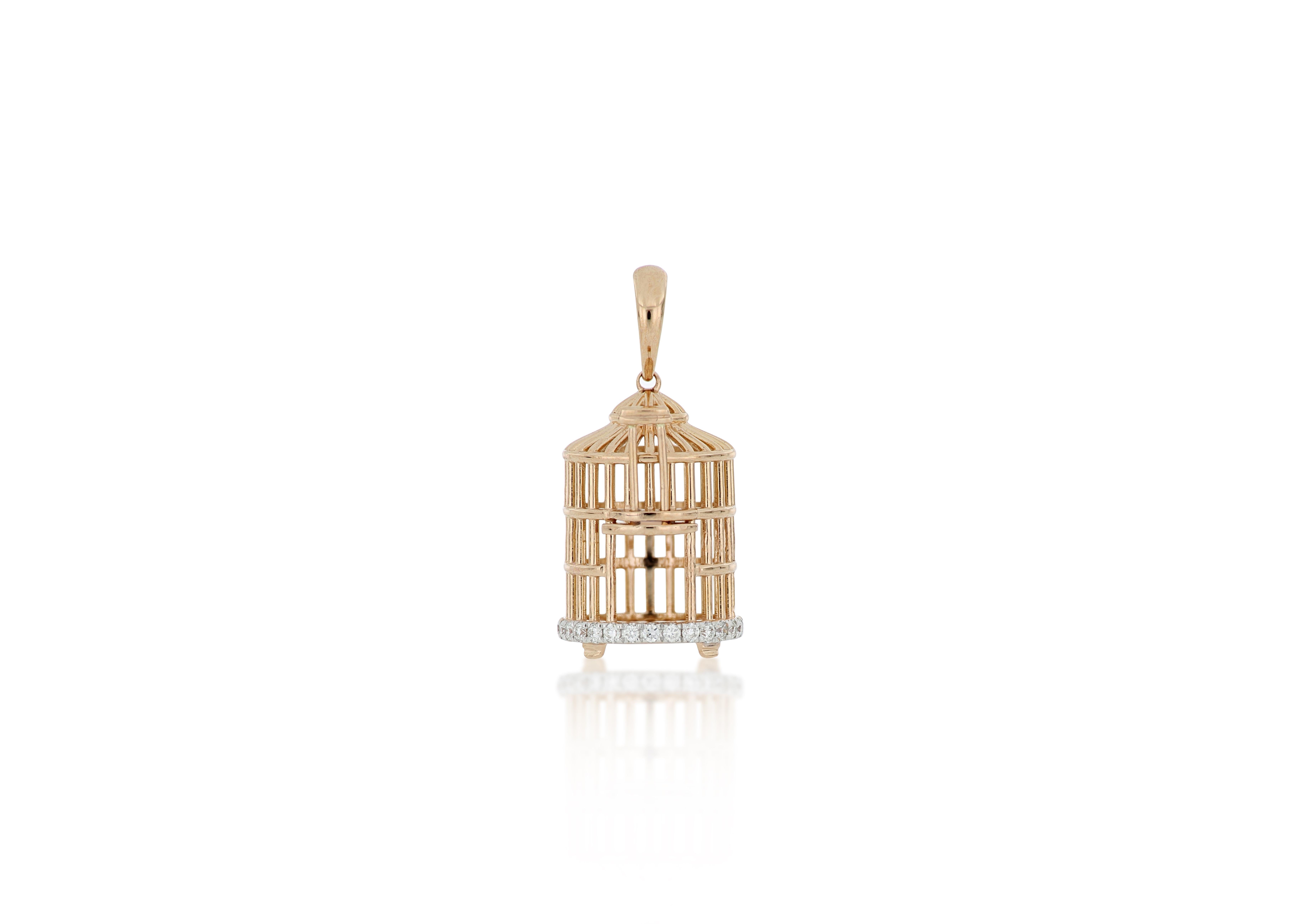 18 Karat Rose Gold Bird Cage Diamond Pendant with Necklace For Sale 1