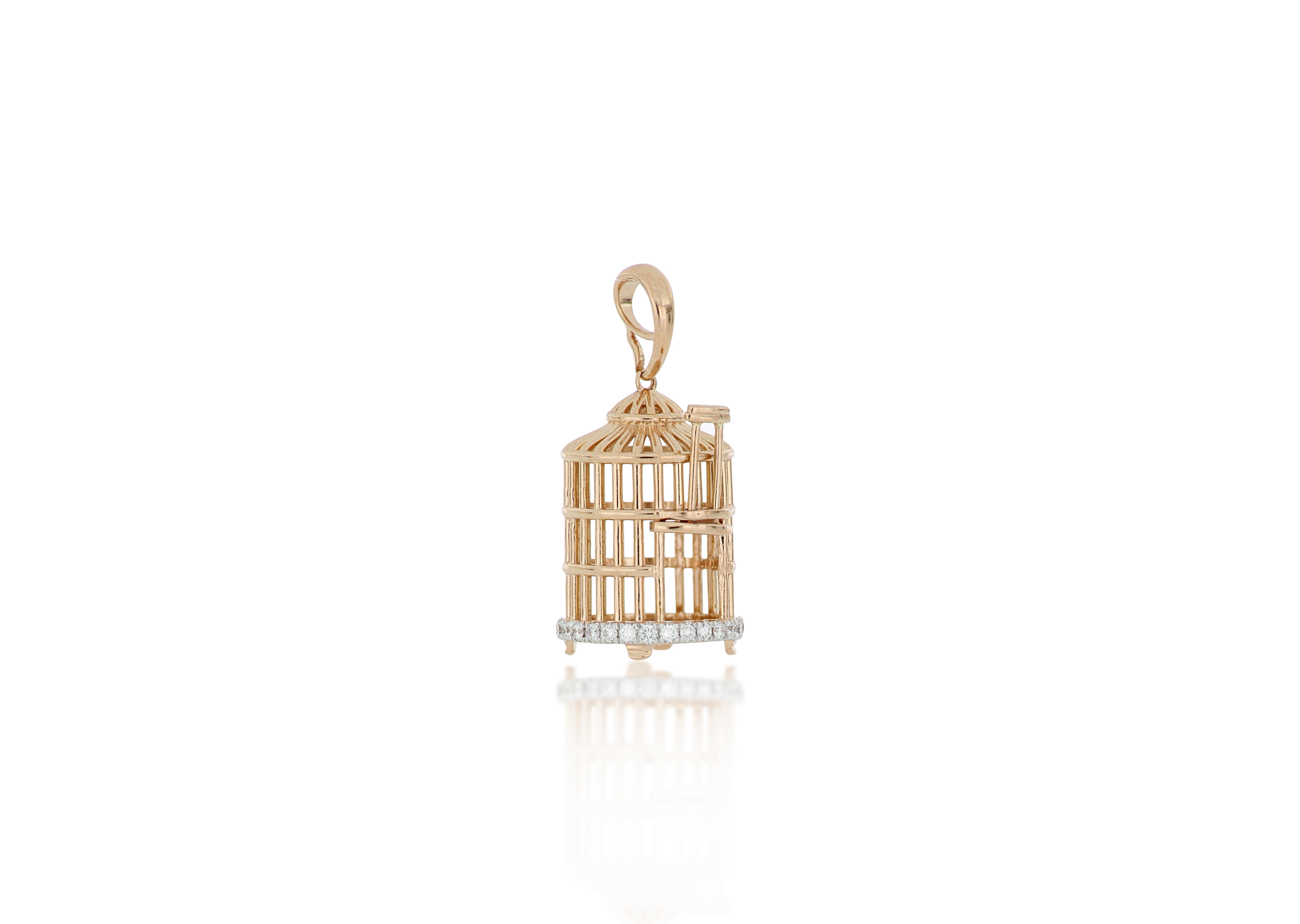 18 Karat Rose Gold Bird Cage Diamond Pendant with Necklace For Sale 2