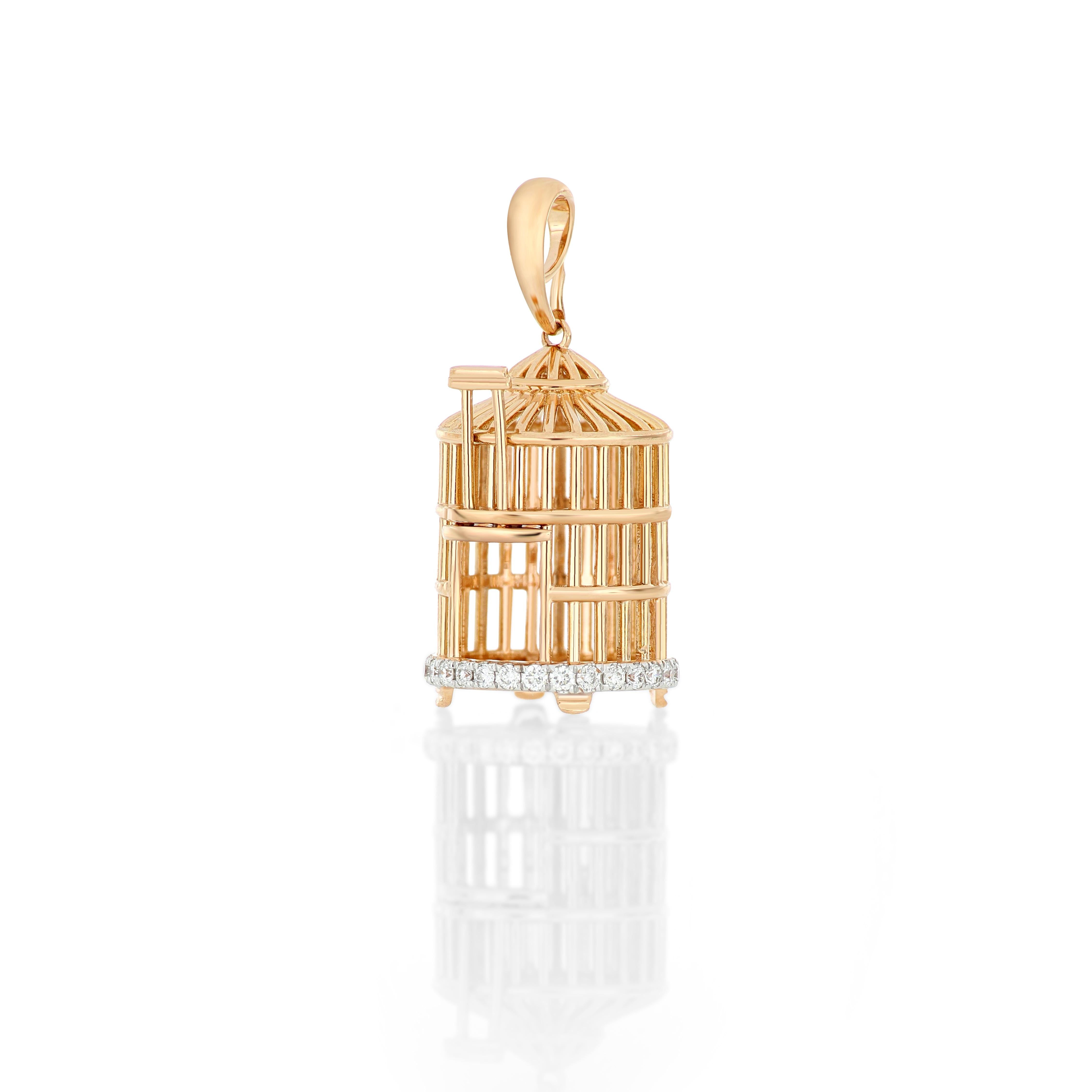 Contemporain Pendentif en forme de cage d'oiseau en or rose 18 carats et diamants avec collier en vente