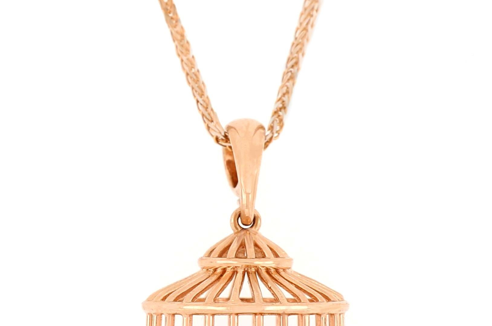 Taille brillant Pendentif en forme de cage d'oiseau en or rose 18 carats et diamants avec collier en vente