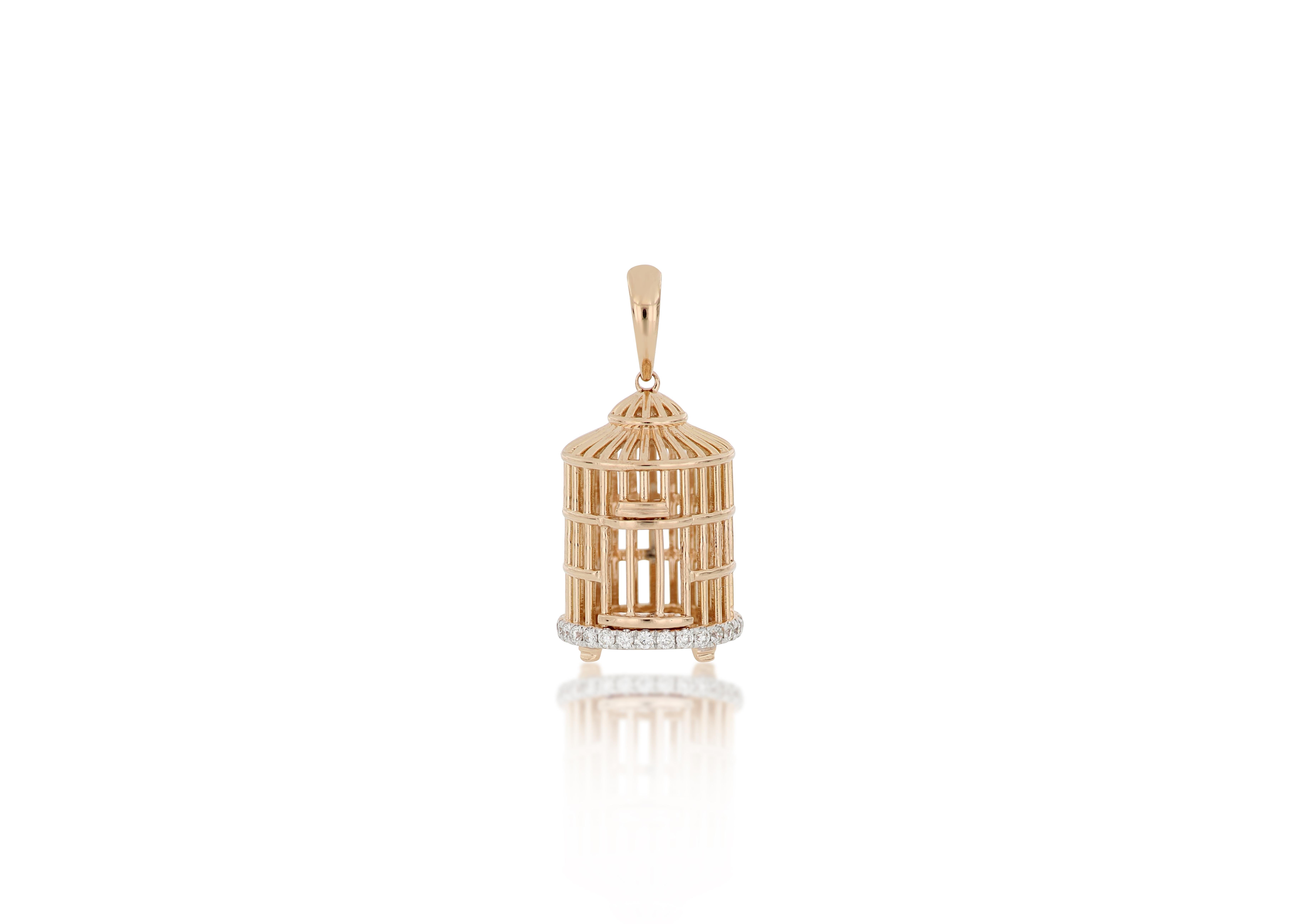 Brilliant Cut 18 Karat Rose Gold Bird Cage Diamond Pendant with Necklace For Sale