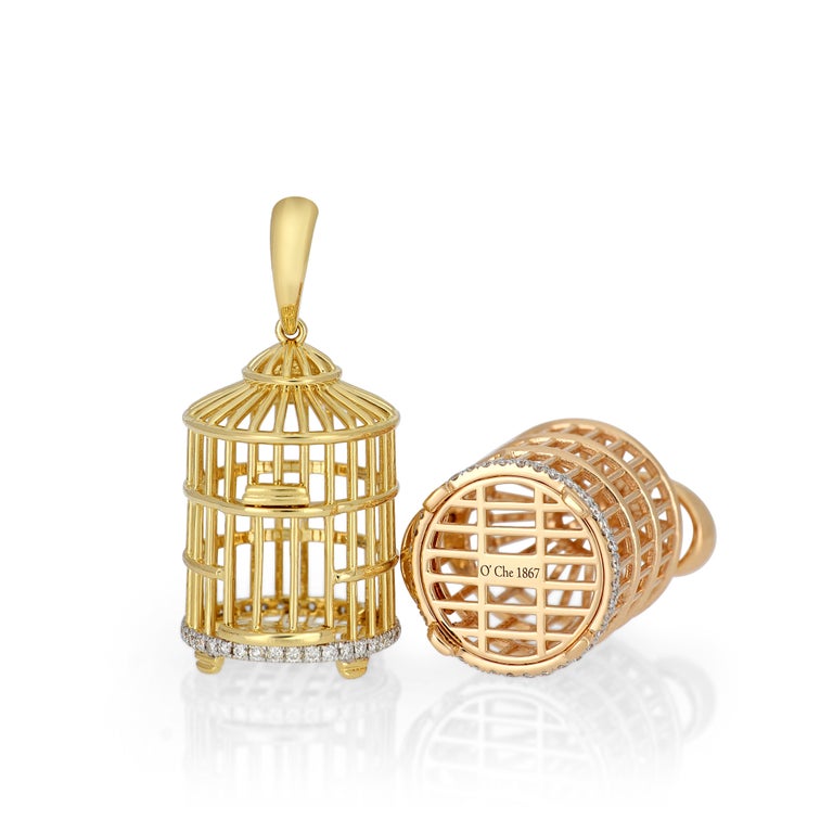 18 Karat Rose Gold Bird Cage Diamond Pendant with Necklace For Sale 3