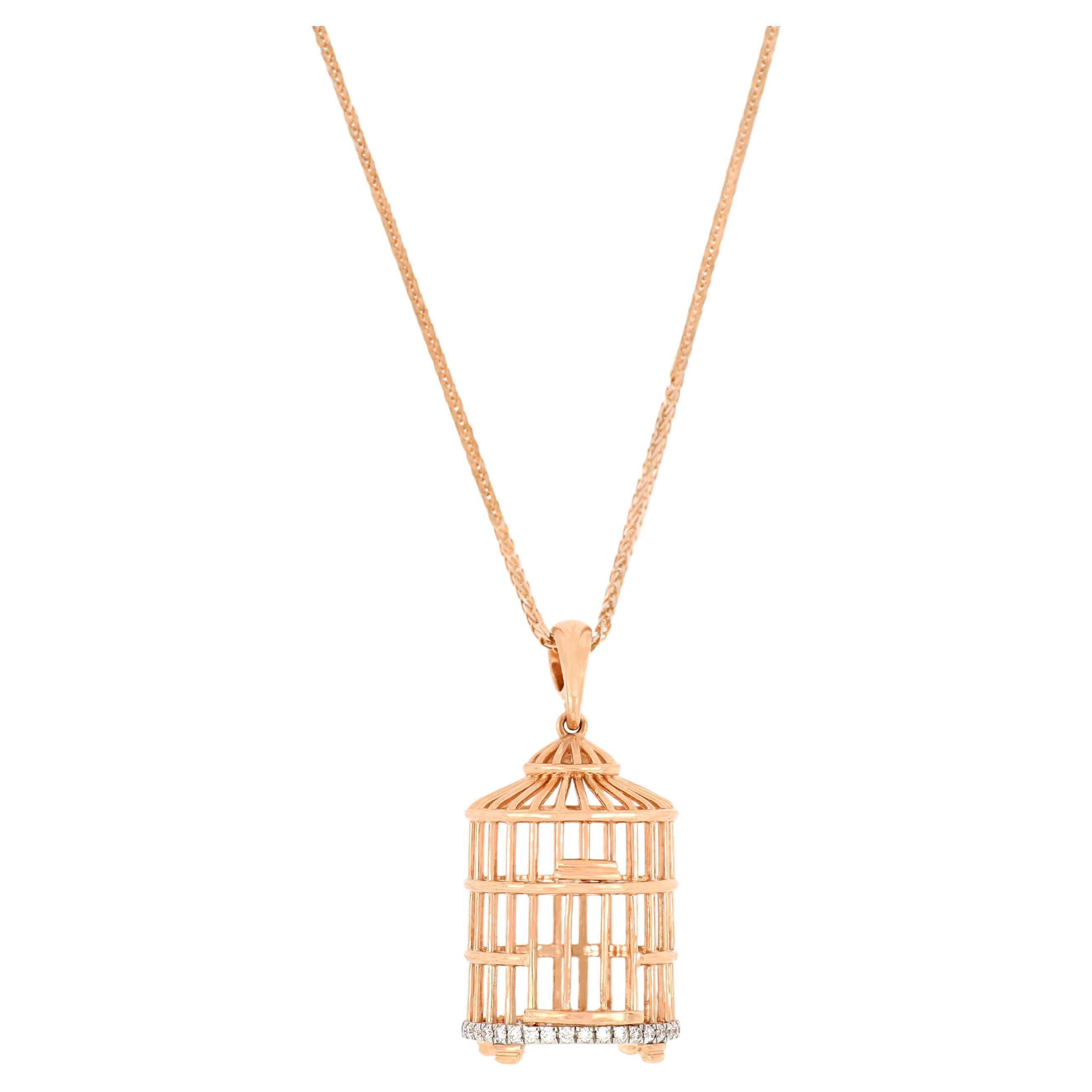 18 Karat Rose Gold Bird Cage Diamond Pendant with Necklace