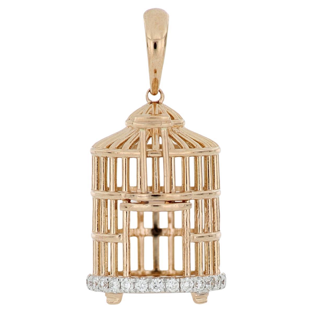 Pendentif cage d'oiseau en or rose 18 carats et diamants avec collier